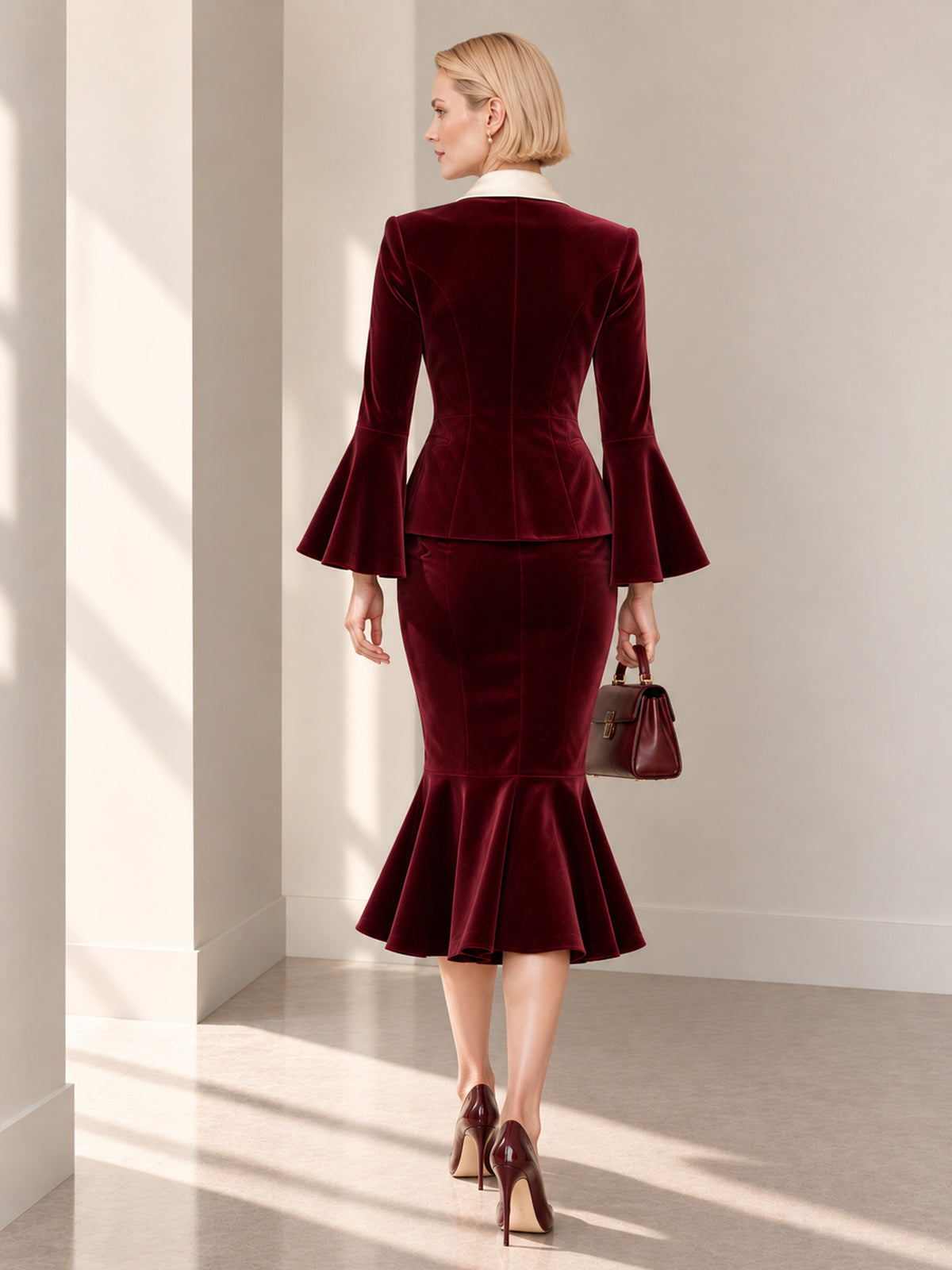 Dark Red Velvet Off-White Asymmetrical Lapel Tassel Blazer & Fishtail Skirt 2-Piece Suit