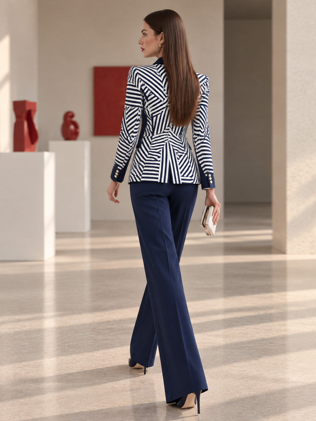 Blue & White Print Notch Lapel One-Button Blazer & Dark Blue Straight Flare Pants 2-Piece Suit