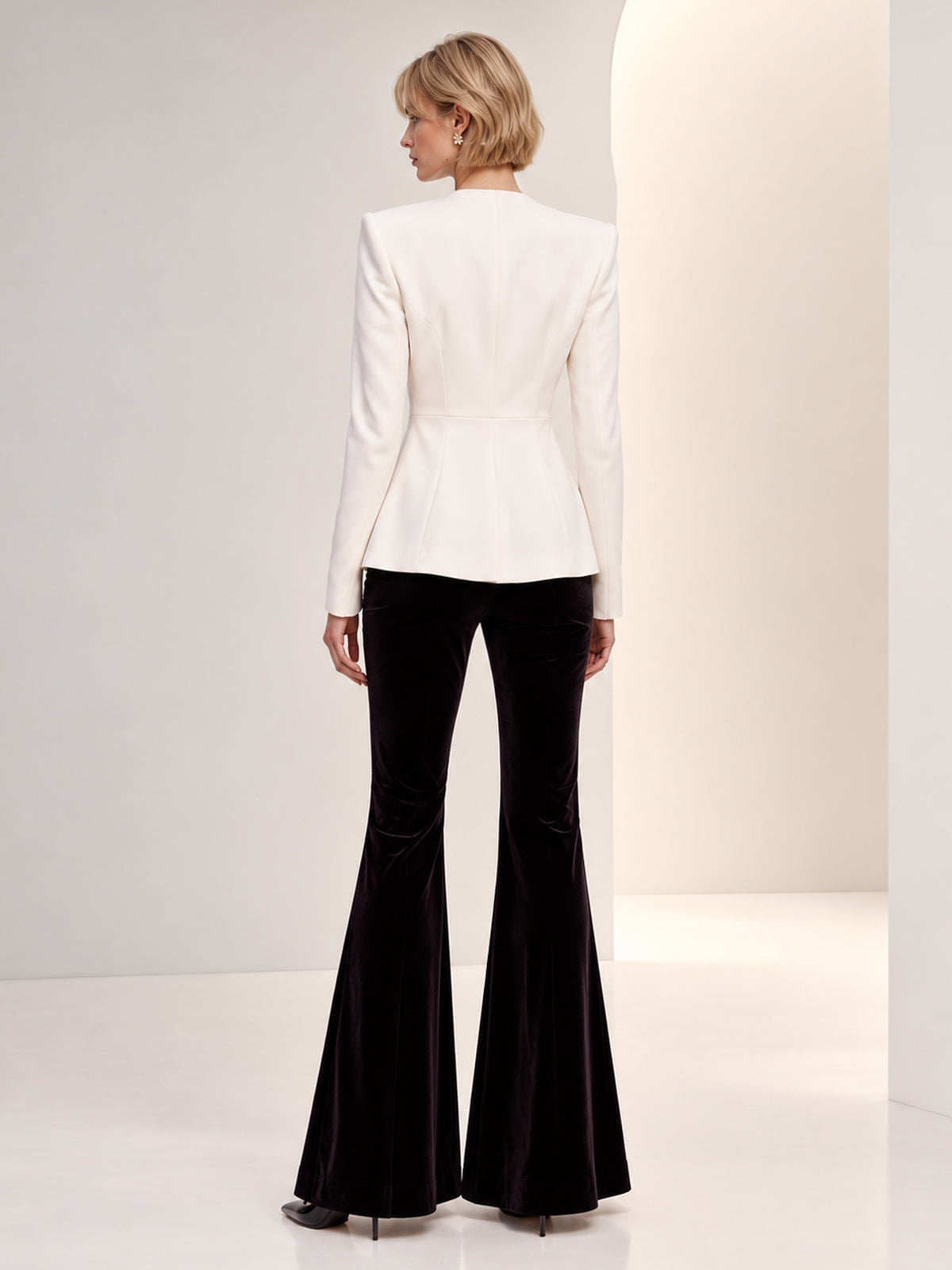 White Collarless One-Button Blazer & Black Flare Pants 2-Piece Suit