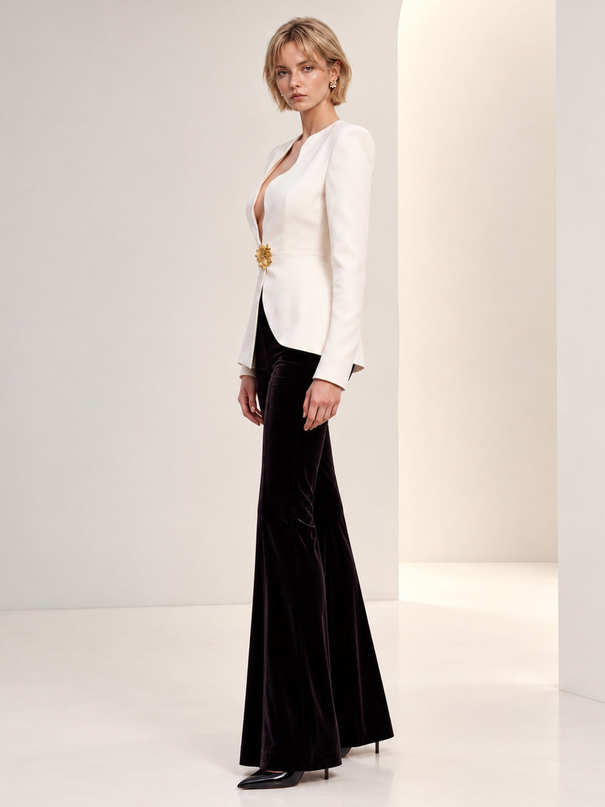 White Collarless One-Button Blazer & Black Flare Pants 2-Piece Suit