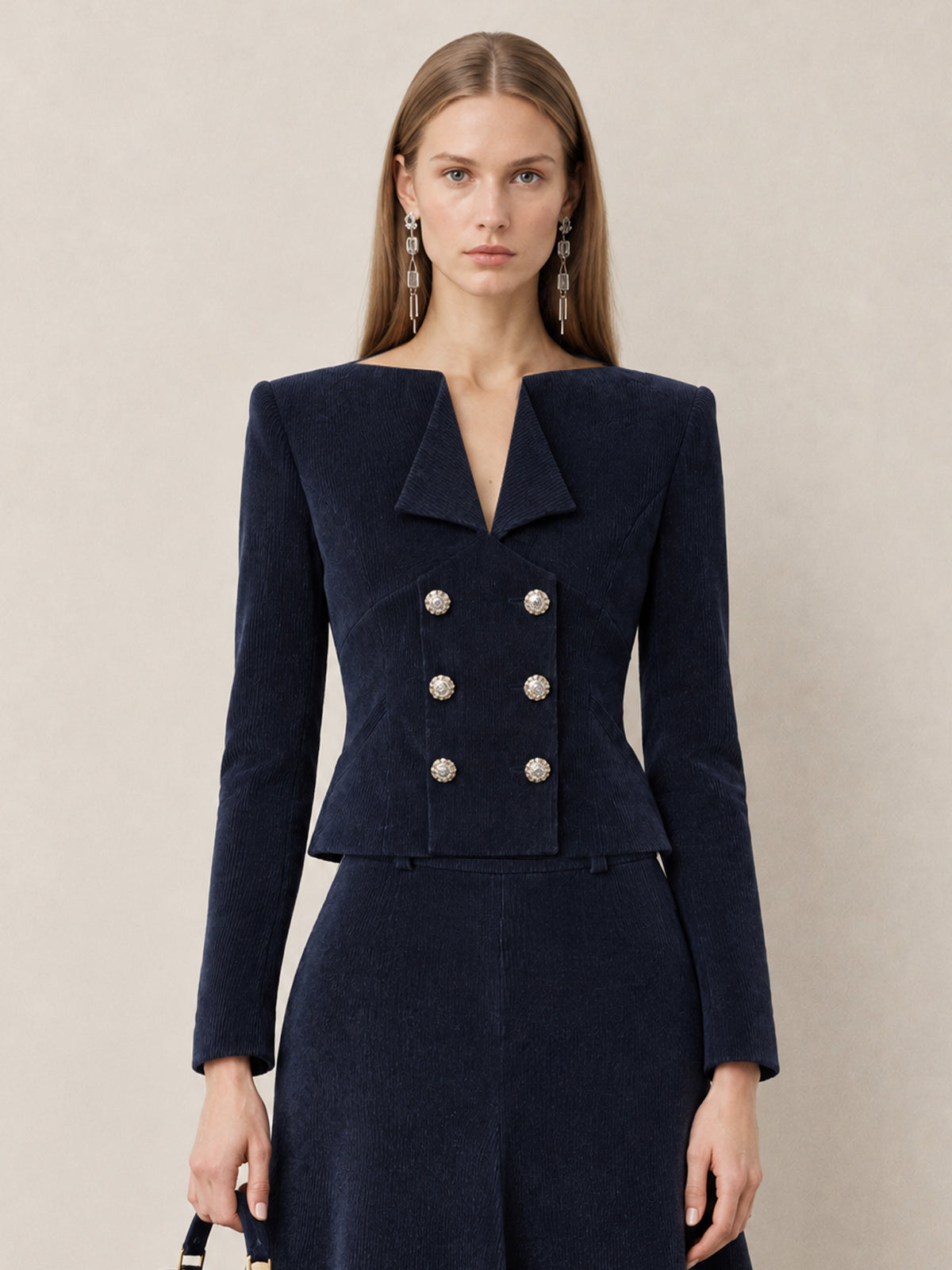 Deep Navy Corduroy V-Neck Double-Breasted Cropped Top & Flared Maxi Skirt 2-Piece Suit