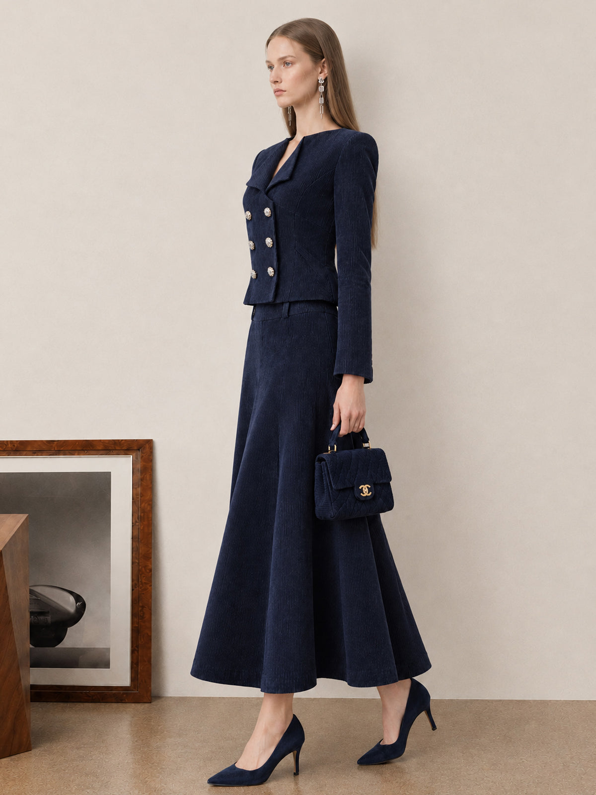 Deep Navy Corduroy V-Neck Double-Breasted Cropped Top & Flared Maxi Skirt 2-Piece Suit