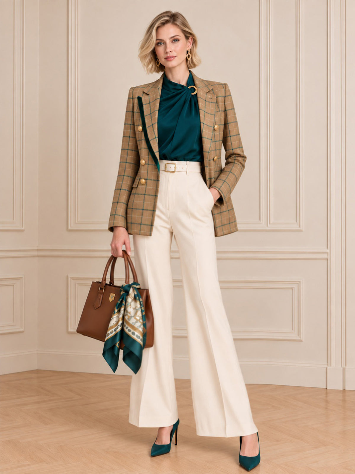 Khaki Plaid Woolen Notch Lapel Double-Breasted Blazer & White Wide-Leg Flare Pants 2-Piece Suit