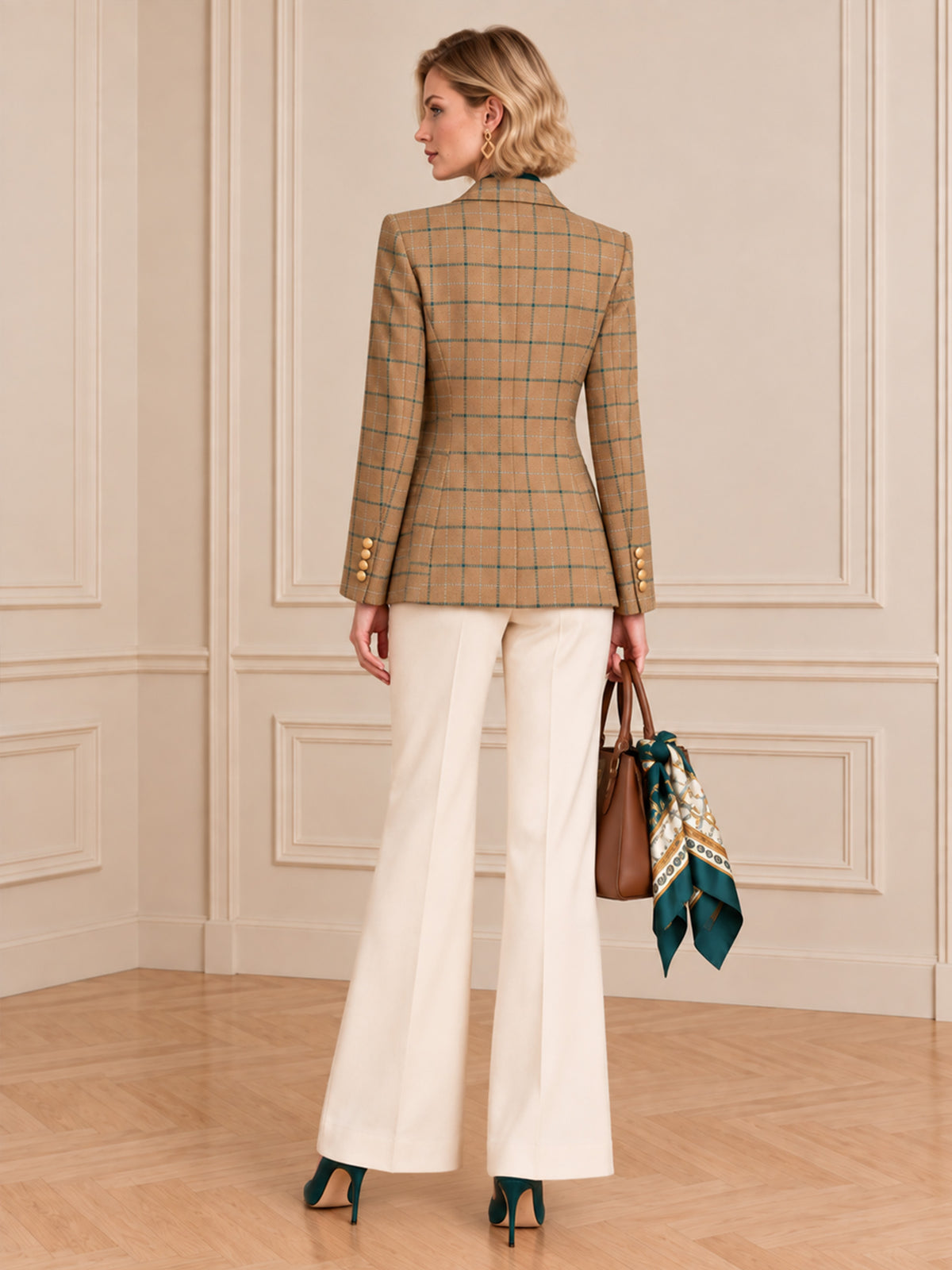 Khaki Plaid Woolen Notch Lapel Double-Breasted Blazer & White Wide-Leg Flare Pants 2-Piece Suit