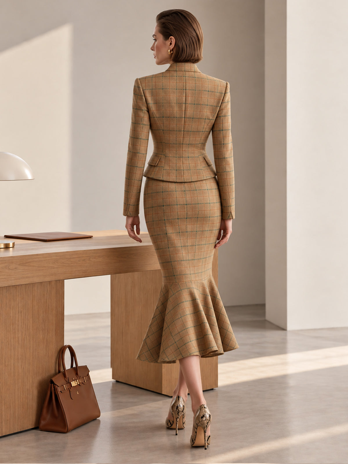 Khaki Plaid Woolen Crew Neck Asymmetric One-Button Blazer & Fishtail Skirt 2-Piece Suit