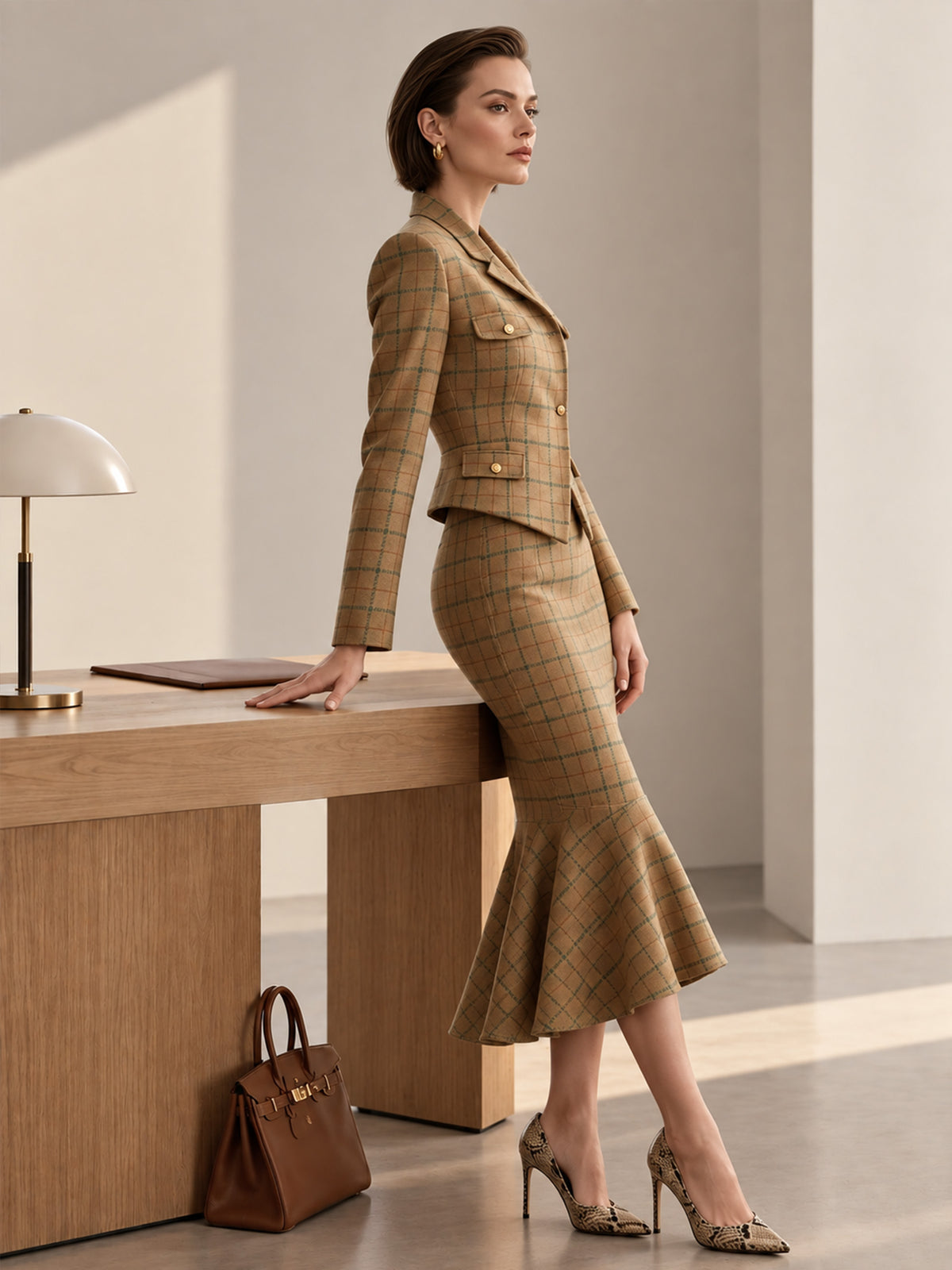 Khaki Plaid Woolen Crew Neck Asymmetric One-Button Blazer & Fishtail Skirt 2-Piece Suit