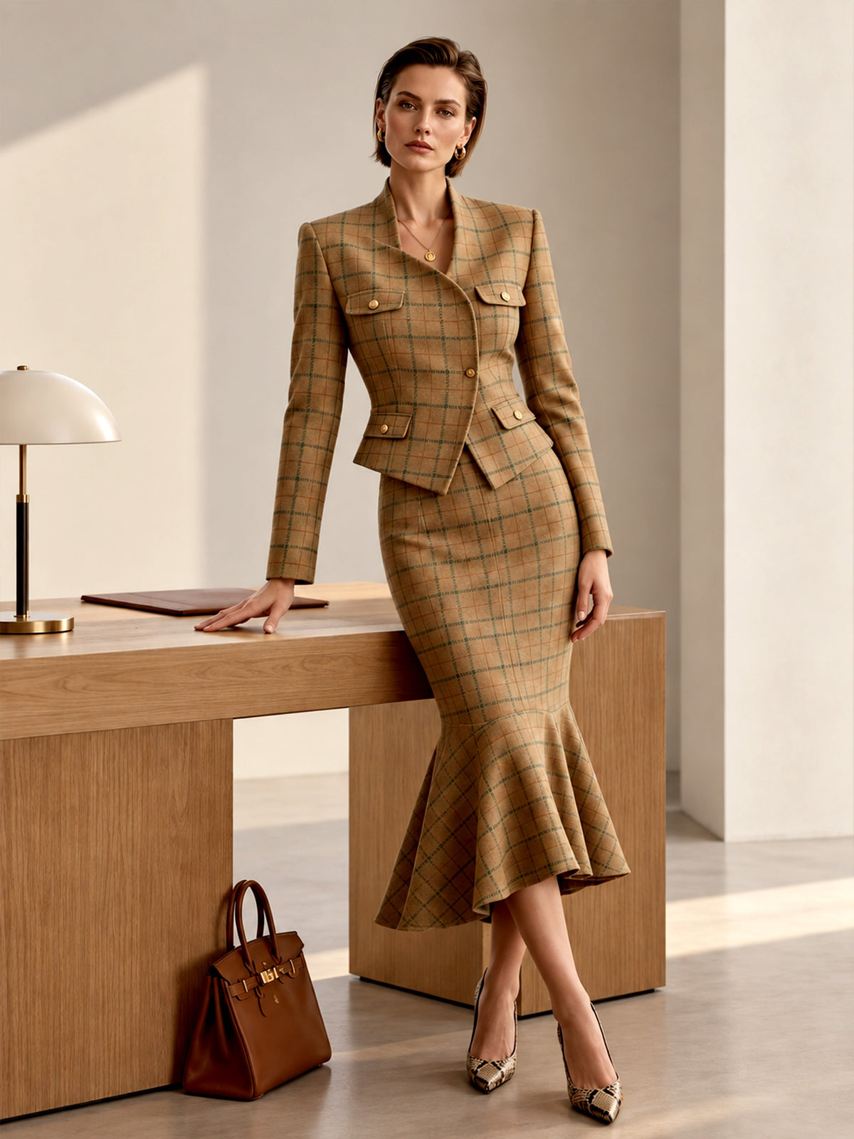 Khaki Plaid Woolen Crew Neck Asymmetric One-Button Blazer & Fishtail Skirt 2-Piece Suit