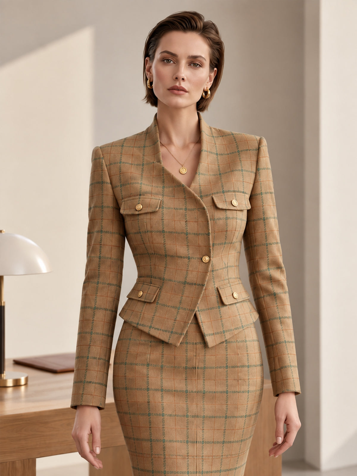 Khaki Plaid Woolen Crew Neck Asymmetric One-Button Blazer & Fishtail Skirt 2-Piece Suit