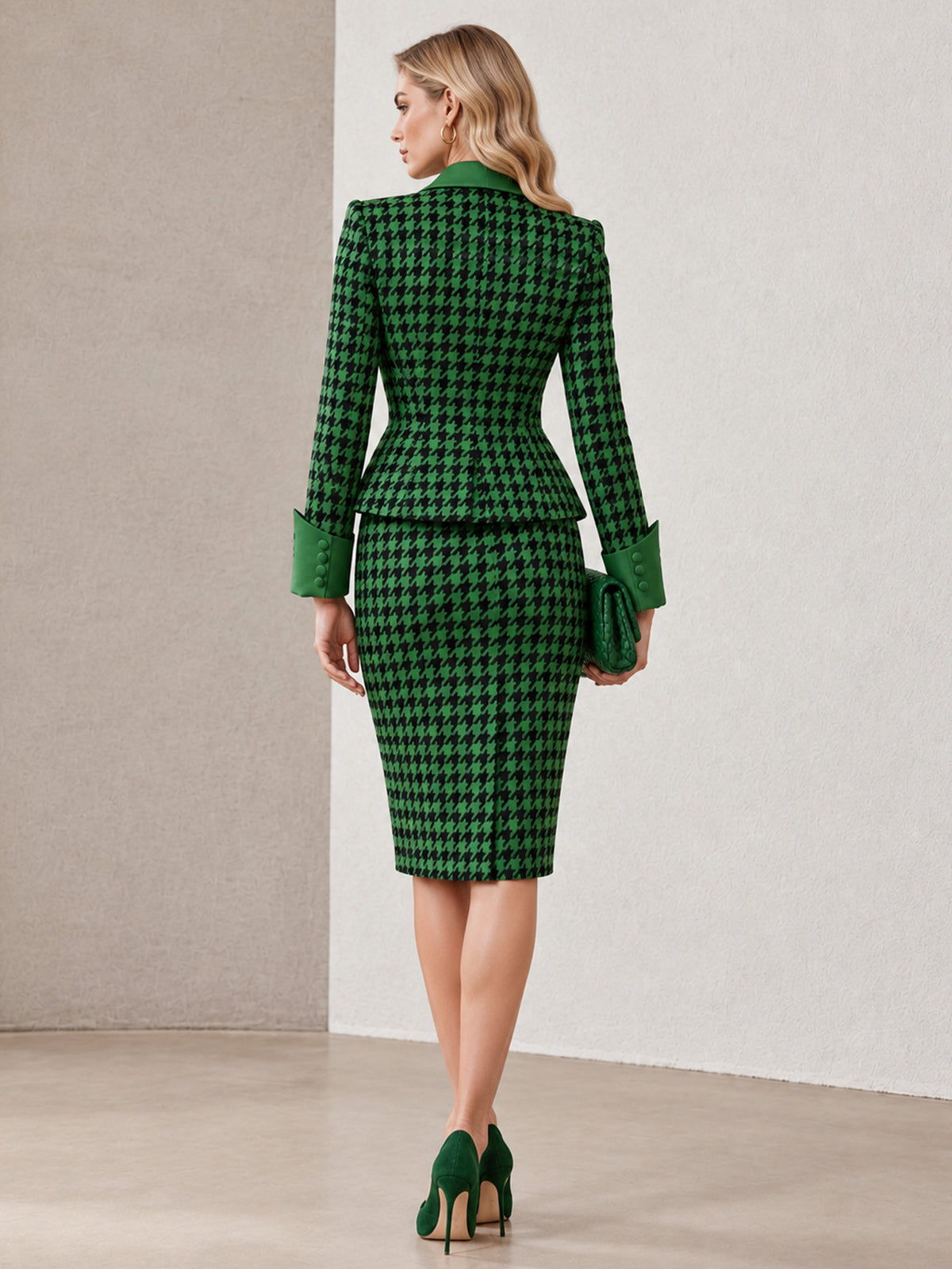 Green Houndstooth Notch Lapel Single-Breasted Blazer & Bodycon Skirt 2-Piece Suit