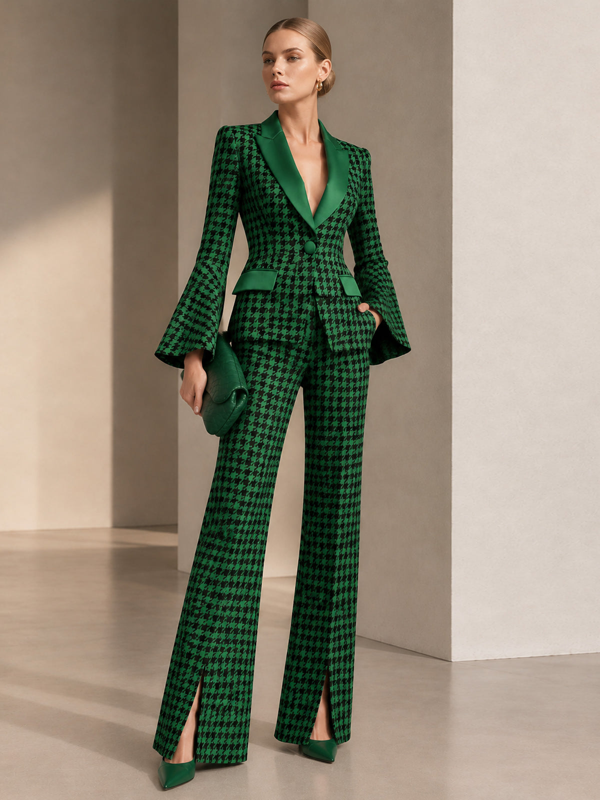 Green Houndstooth Peak Lapel One-Button Blazer & Flare Pants 2-Piece Suit