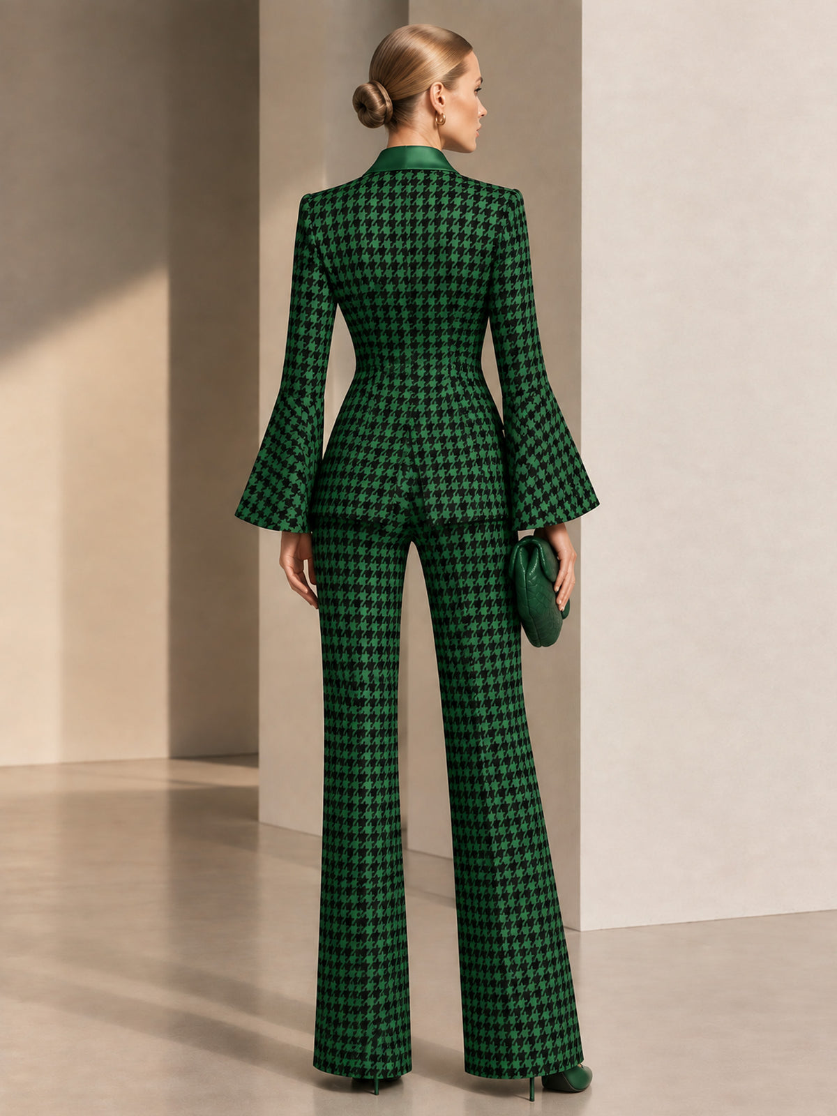 Green Houndstooth Peak Lapel One-Button Blazer & Flare Pants 2-Piece Suit