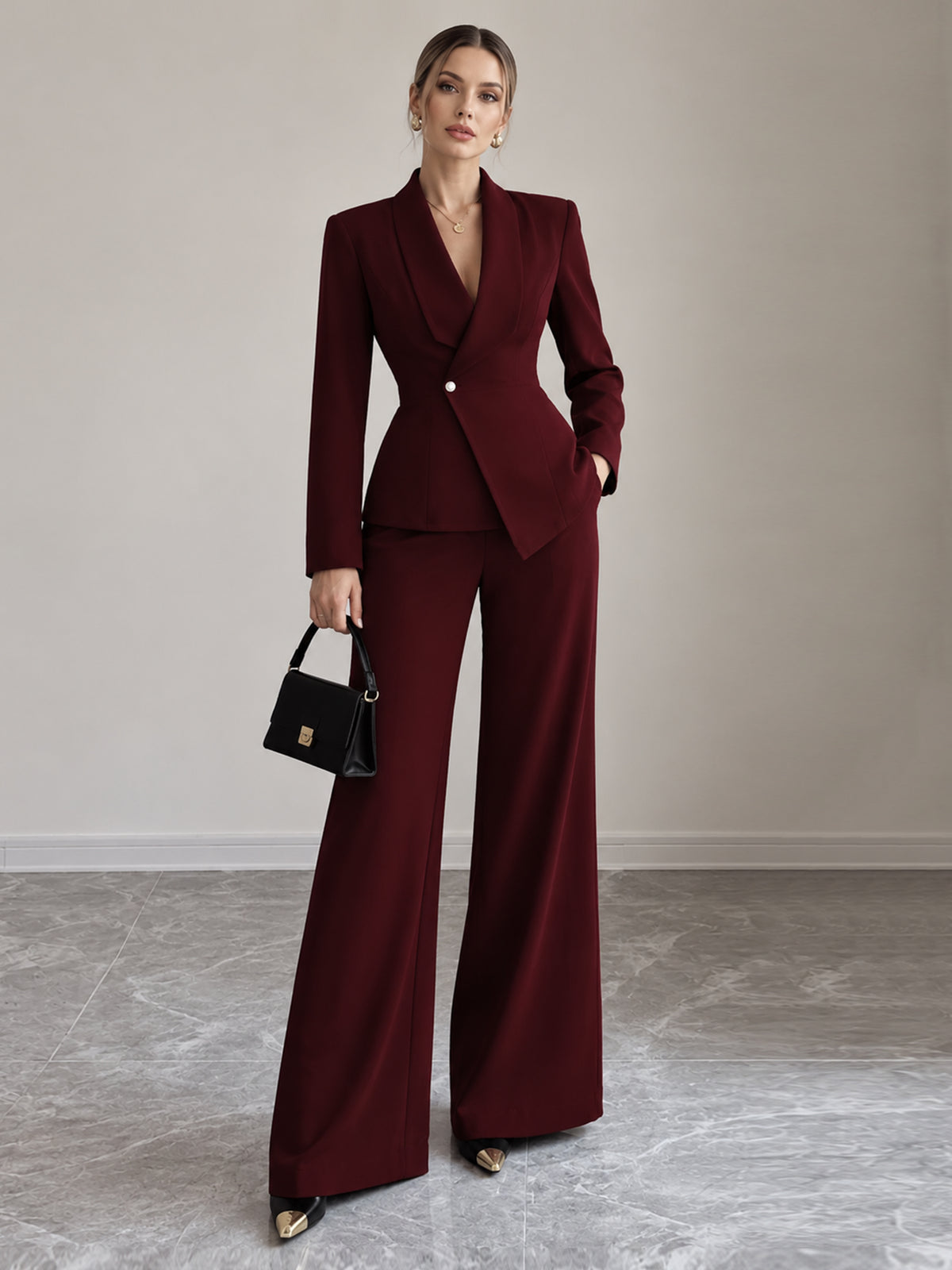 Burgundy Fitted Blazer And Wide Leg Pants 2-Piece Suit