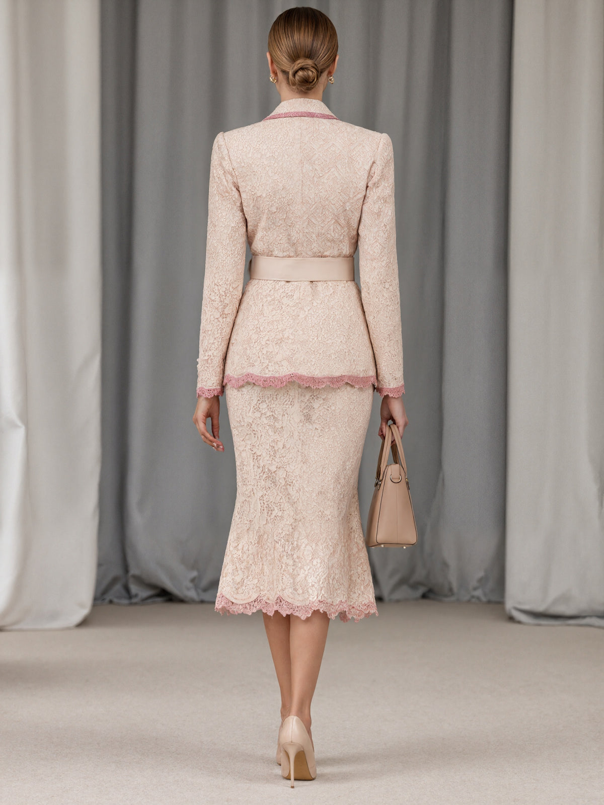 Light Pink Lace Blazer And Midi Skirt 2-Piece Suit