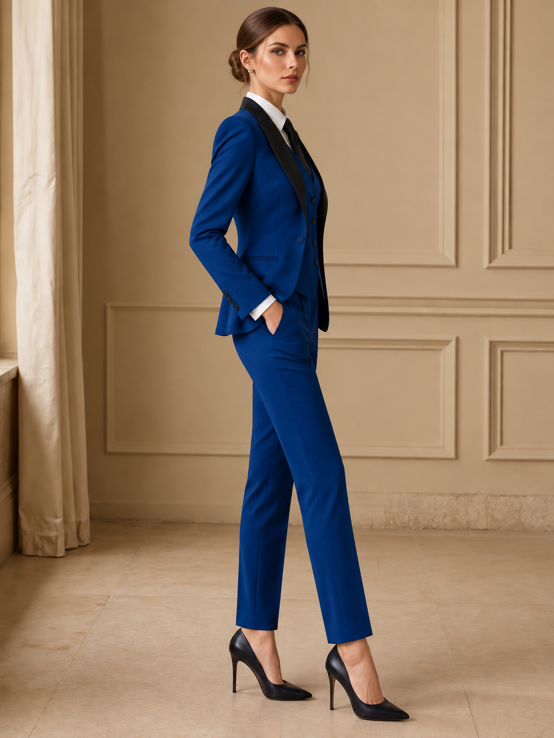 Blue Single Breasted Blazer With Peak Lapels & Vast And Tapered Pants 3-Piece Suit