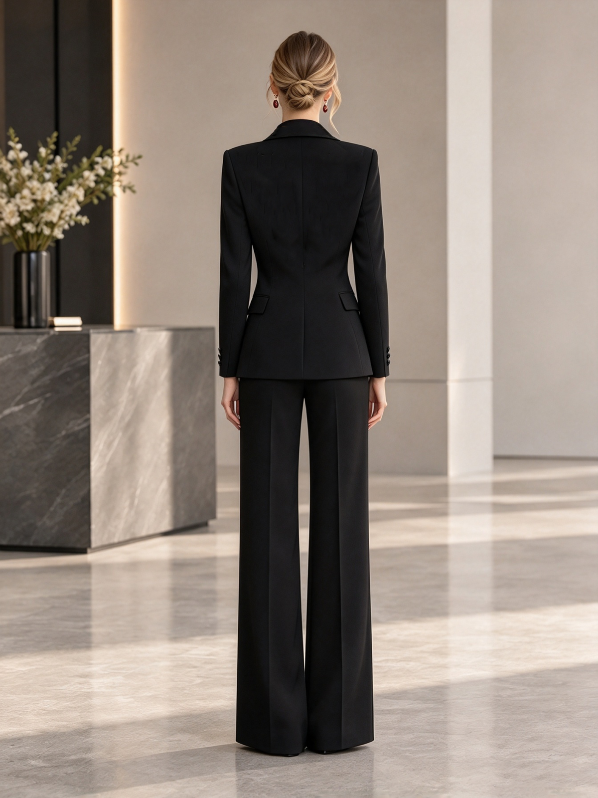 Black Notch Lapel Single Button Blazer & Wide Leg Trousers 2-Piece Suit
