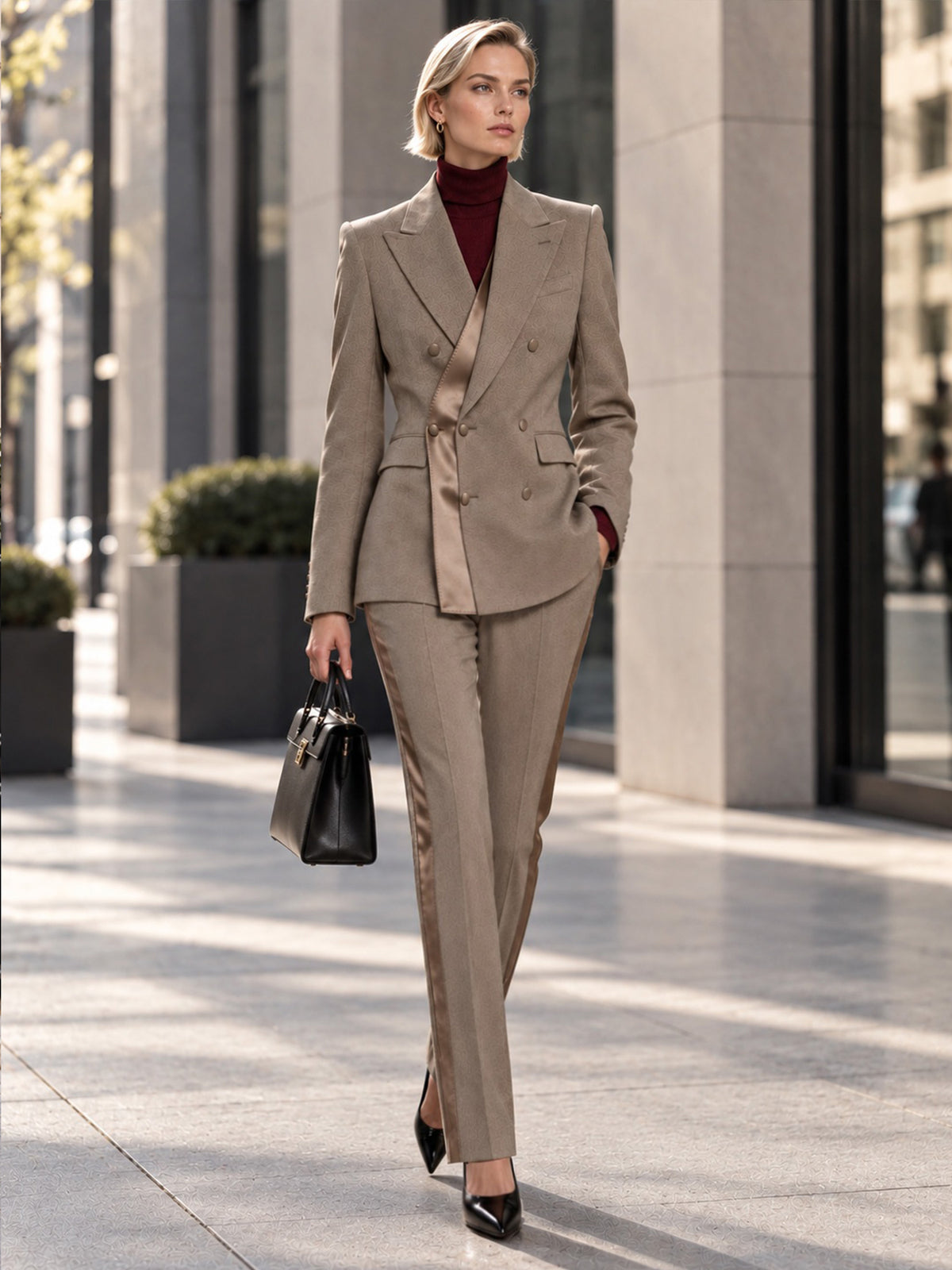 Grey Coffee Peak Lapel Double Breasted Blazer & Straight Leg Pants 2-Piece Suit
