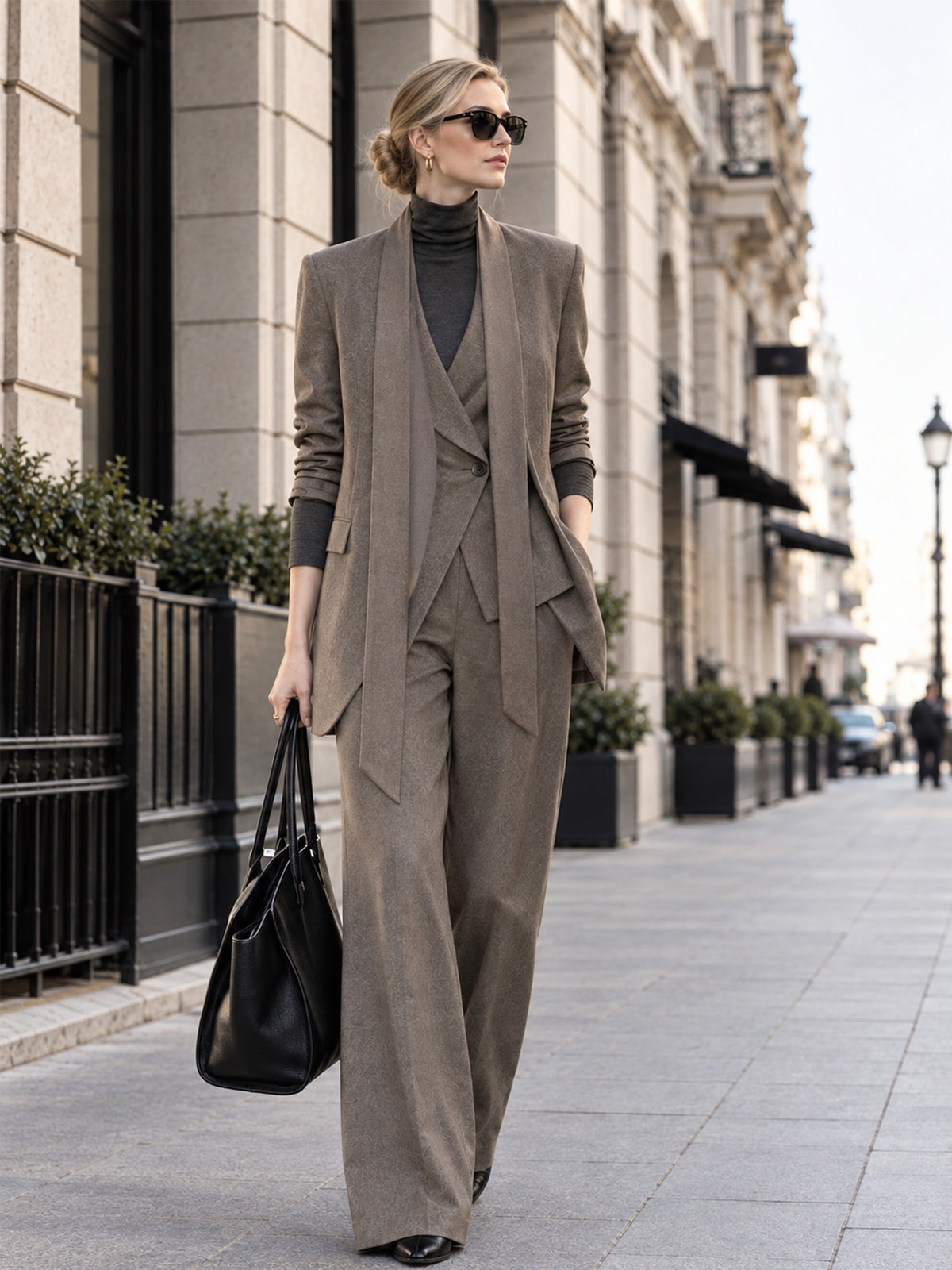 Grey Coffee Tie Collar Blazer & Shawl Collar Vest & Wide Leg Pants 3-Piece Suit