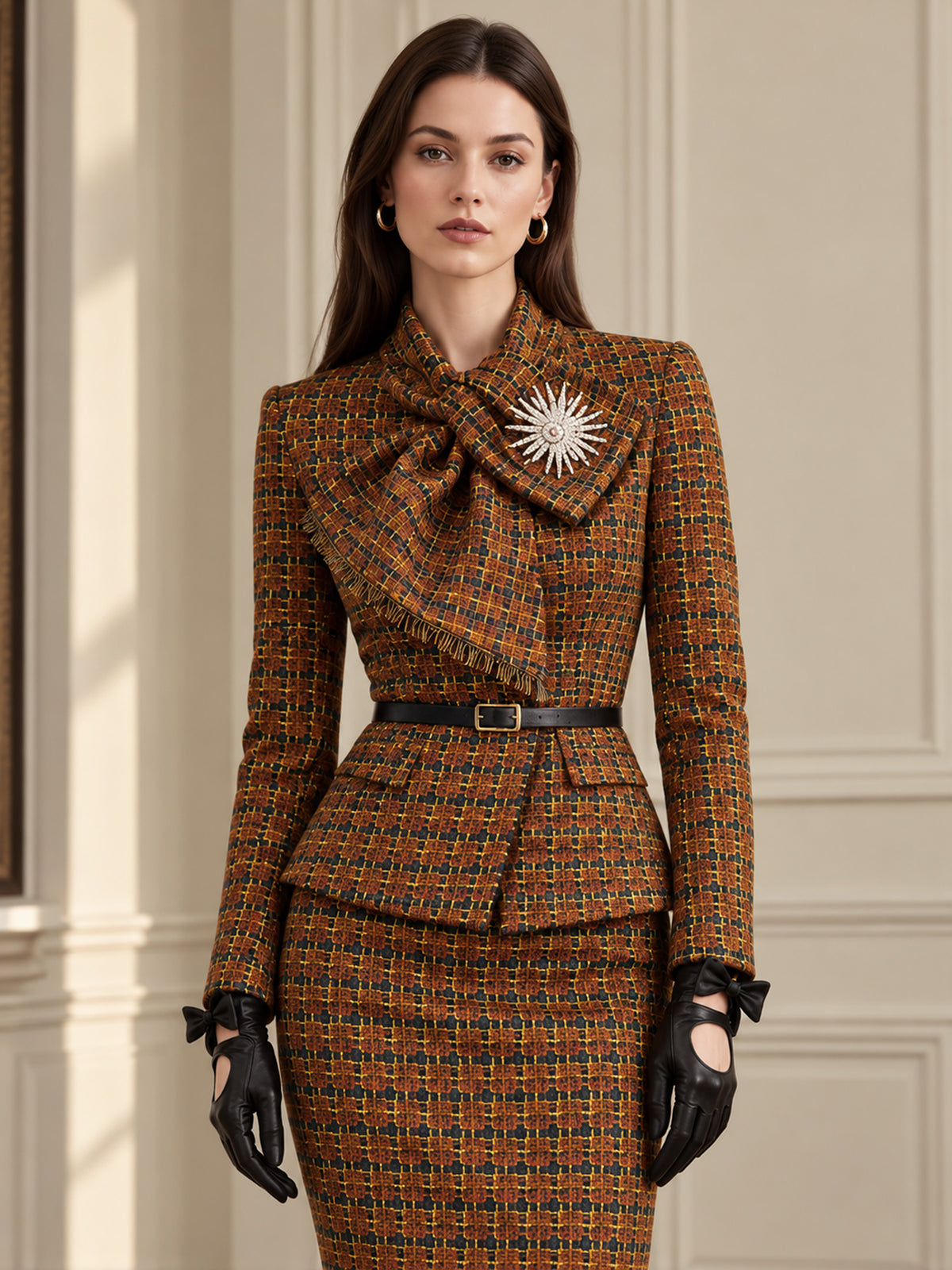 Deep Orange Flecked Check Tie Collar Blazer & Wrap Bodycon Skirt 2-Piece Suit
