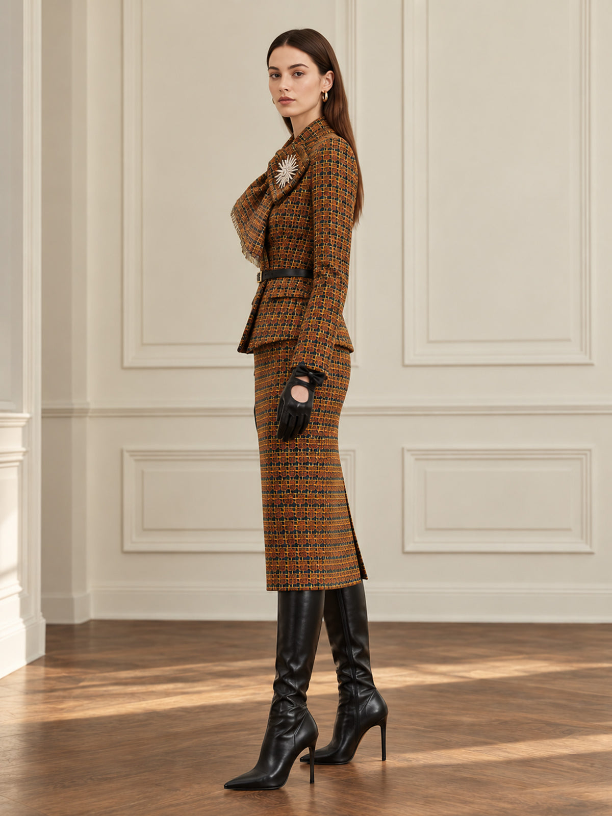 Deep Orange Flecked Check Tie Collar Blazer & Wrap Bodycon Skirt 2-Piece Suit