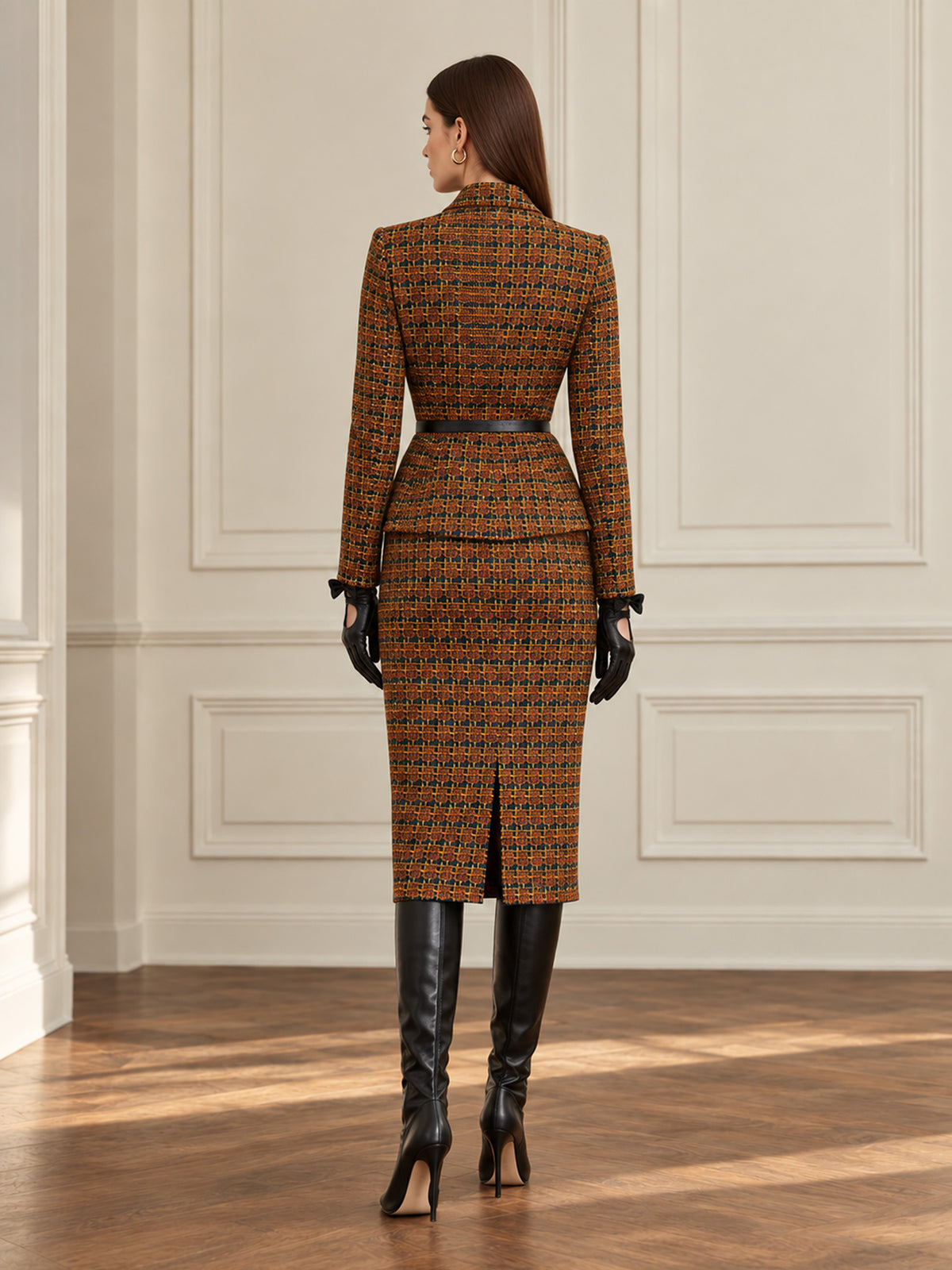 Deep Orange Flecked Check Tie Collar Blazer & Wrap Bodycon Skirt 2-Piece Suit