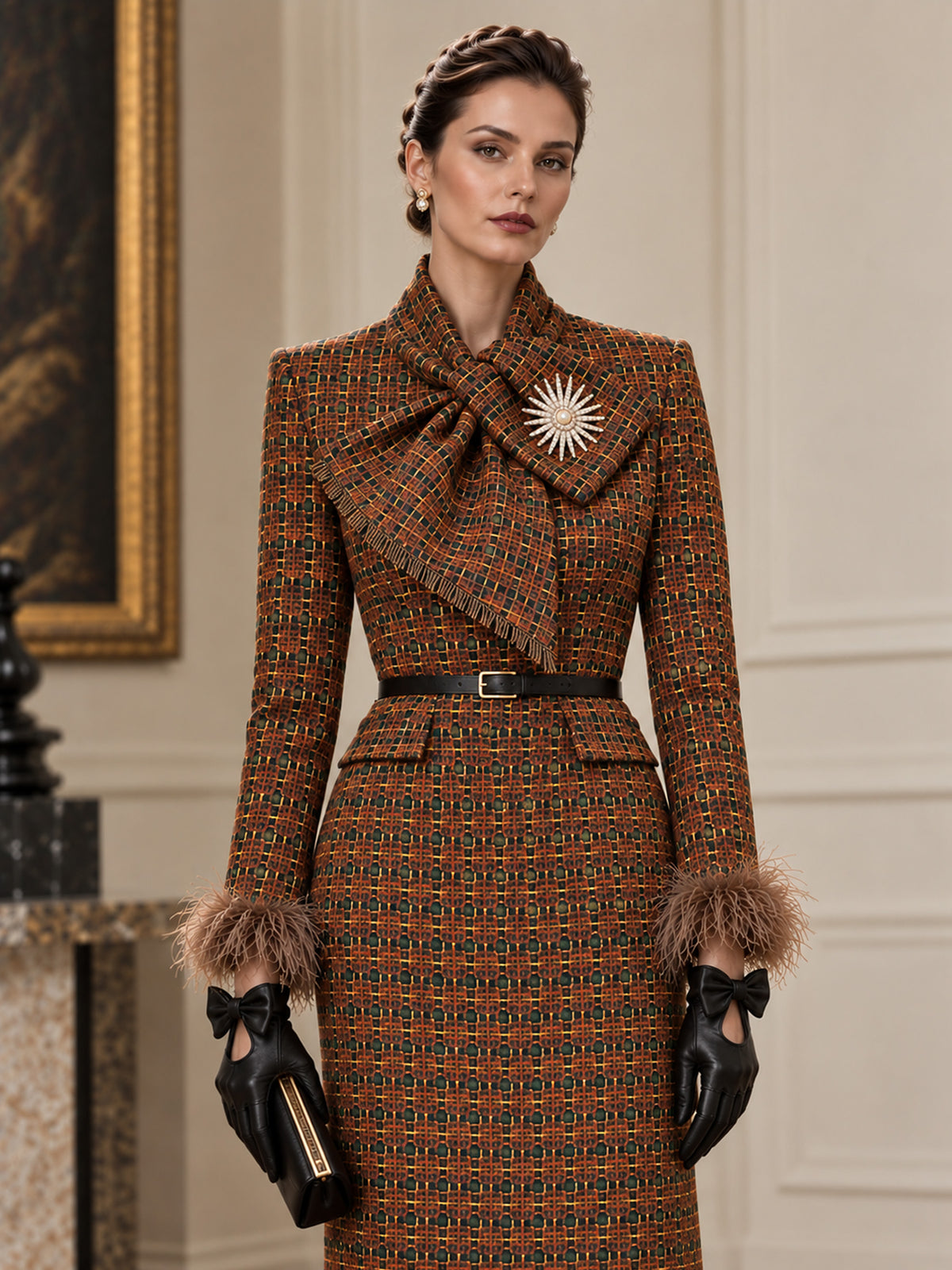 Deep Orange Flecked Check Tie Collar Long Blazer