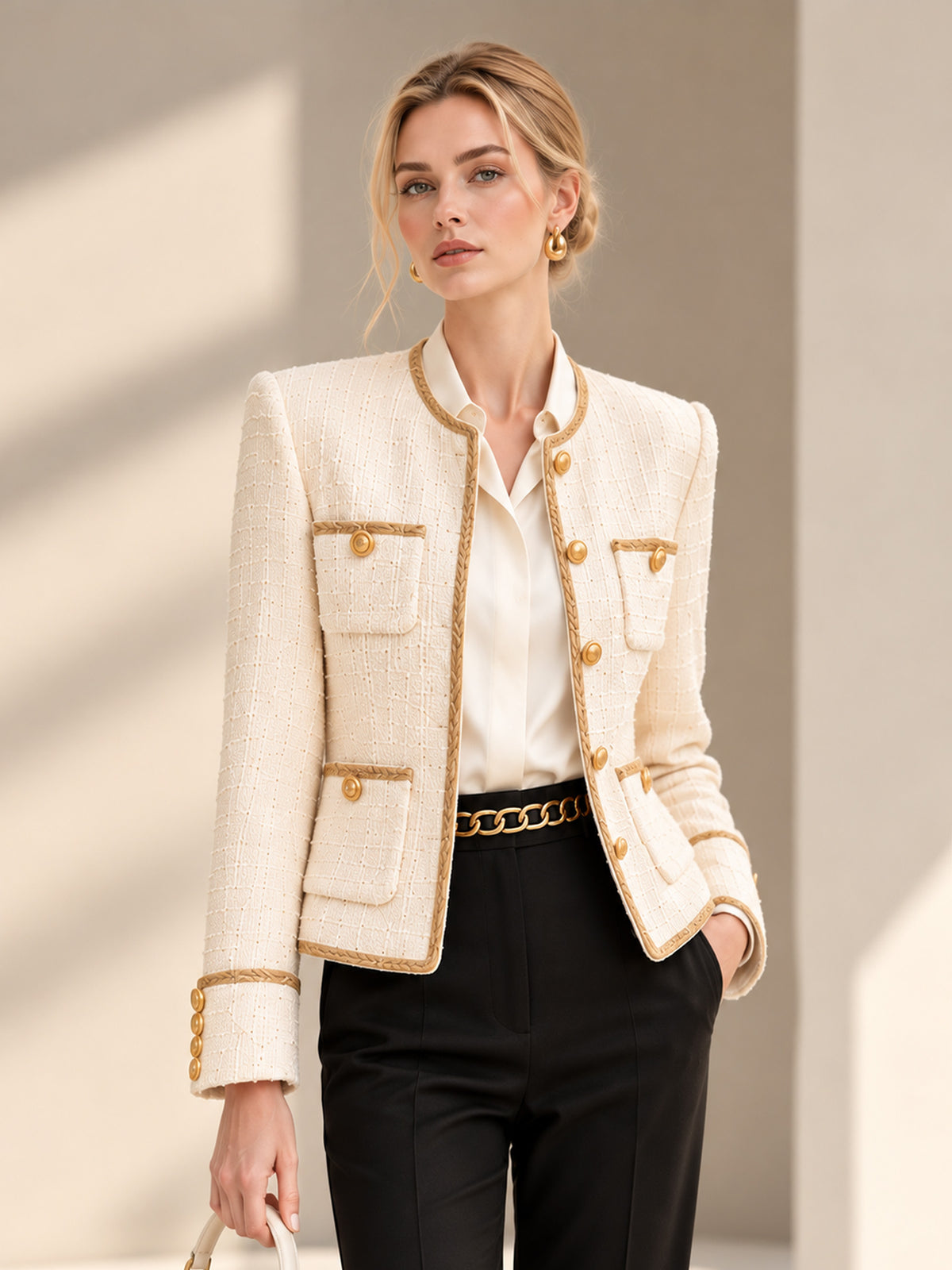 Off-white Tweed Round Neck 4-Pocket Blazer & Black Straight Leg Pants 2-Piece Suit