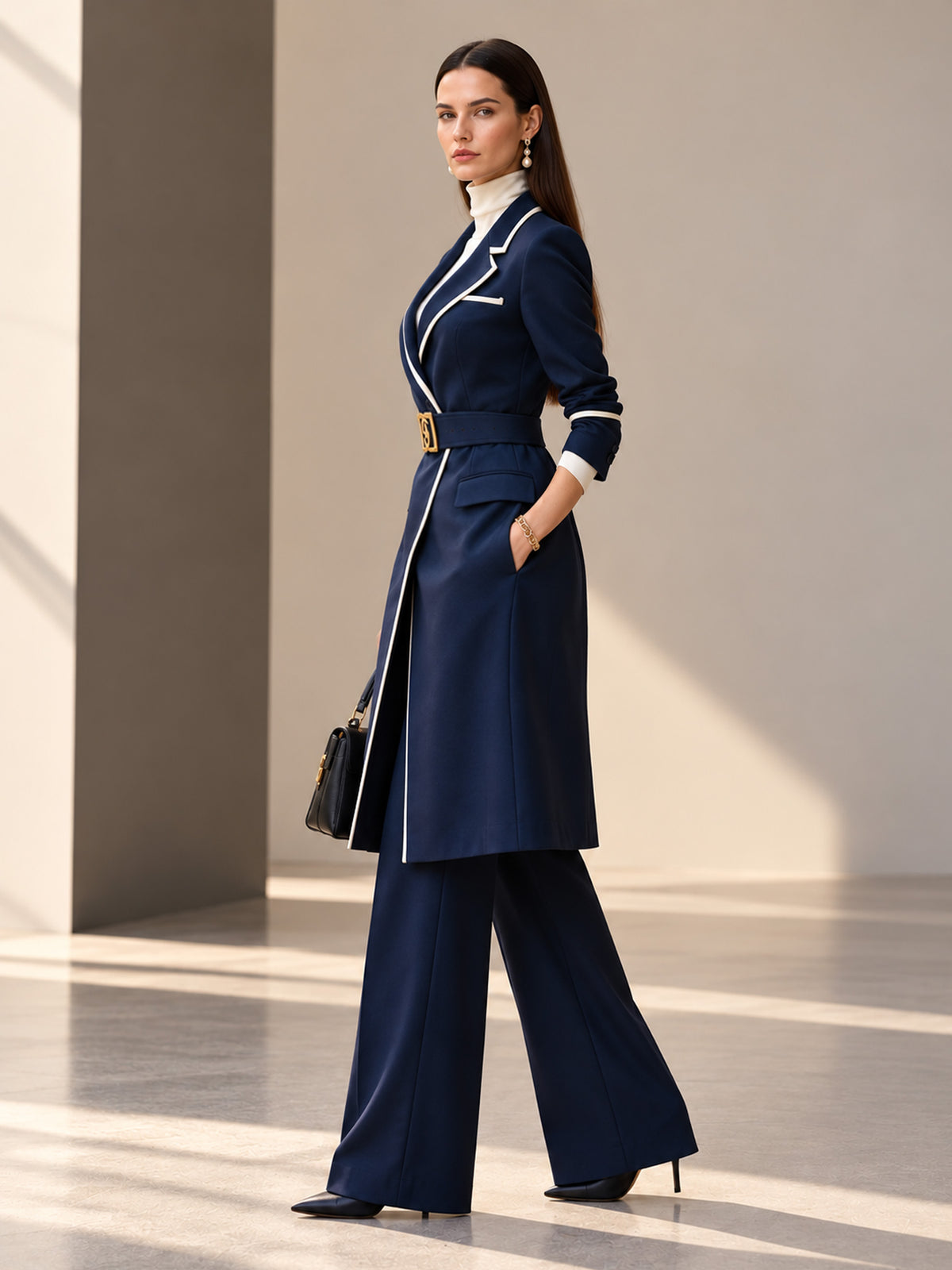 Navy Notch Lapel Long Blazer with White Thin Piping & Wide Leg Pants 2-Piece Suit