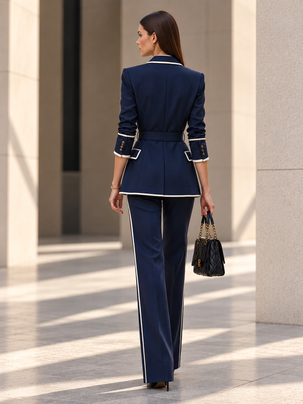 Navy Notch Lapel Blazer with White Thin Piping & Vest & Wide Leg Pants 3-Piece Suit