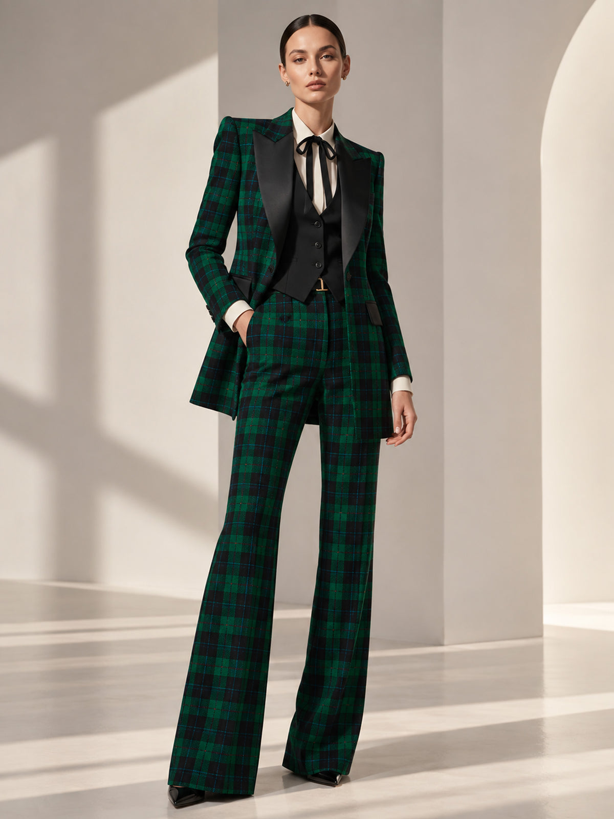 Blue Base Green Check Peak Lapel Double Breasted Blazer & Vest & Flare Pants 3-Piece Suit