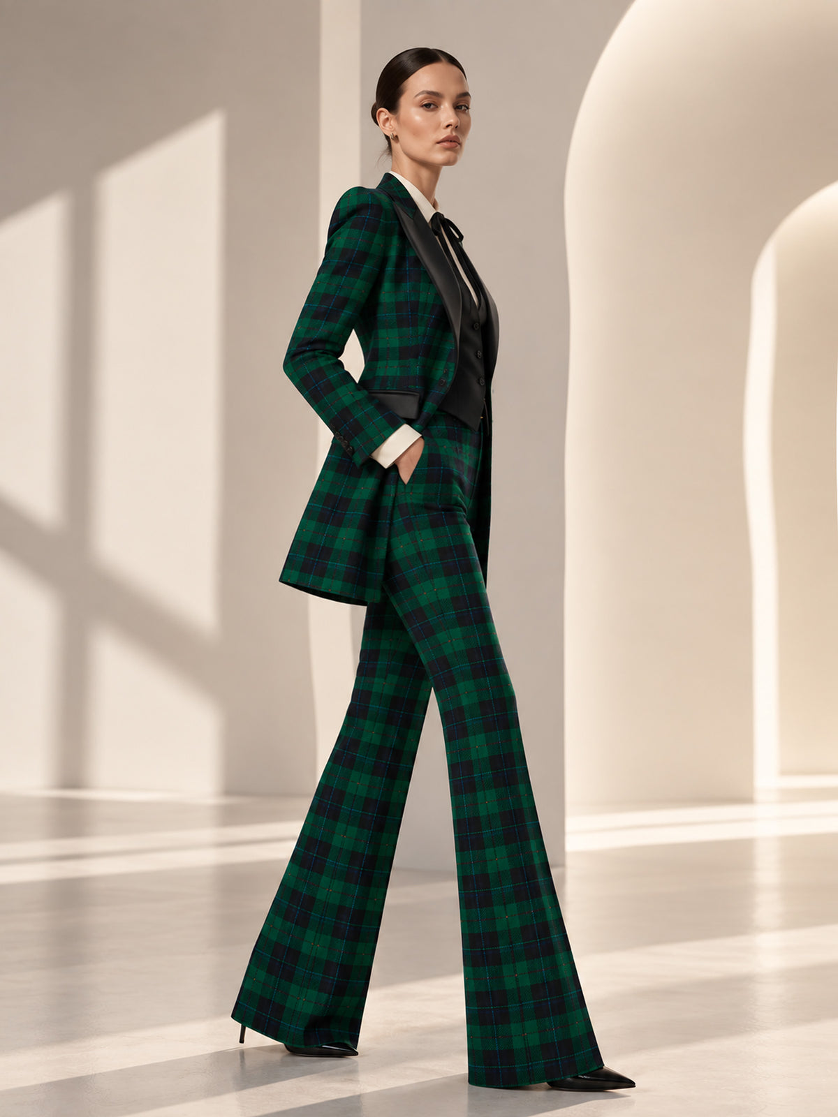 Blue Base Green Check Peak Lapel Double Breasted Blazer & Vest & Flare Pants 3-Piece Suit