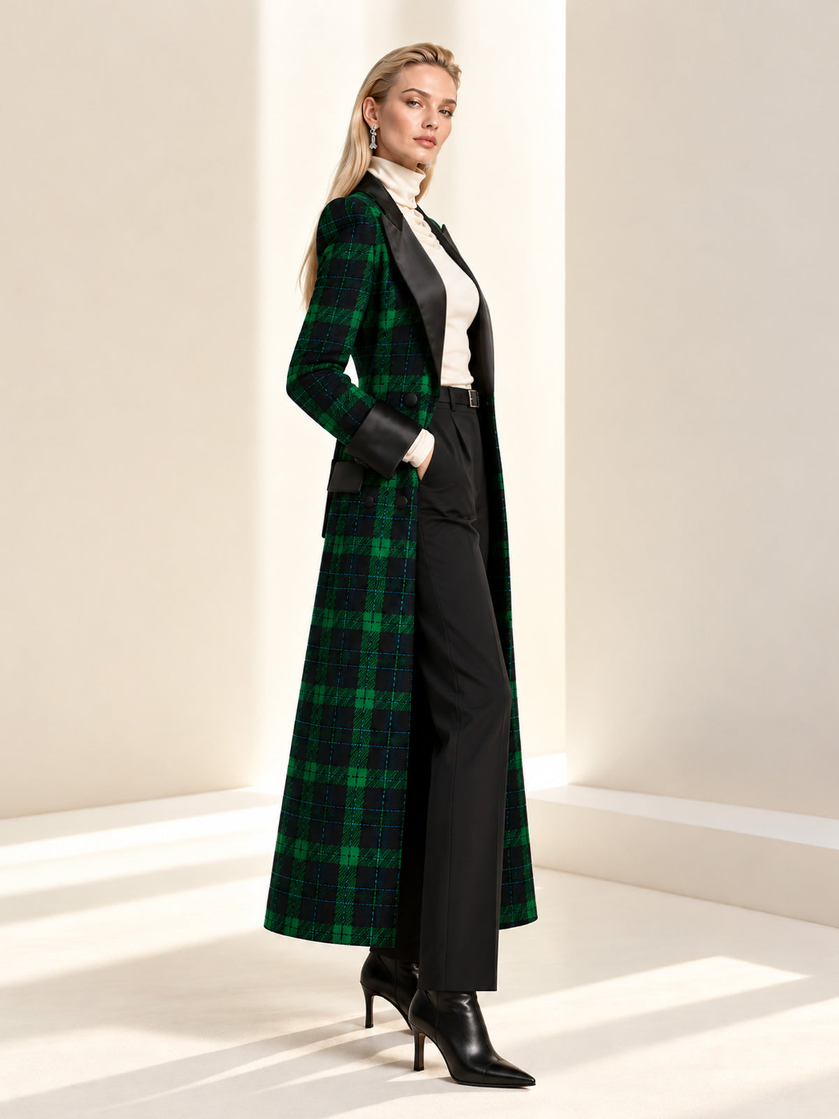 Blue Base Green Check Peak Lapel Double Breasted Long Blazer & Black Straight Leg Pants 2-Piece Suit