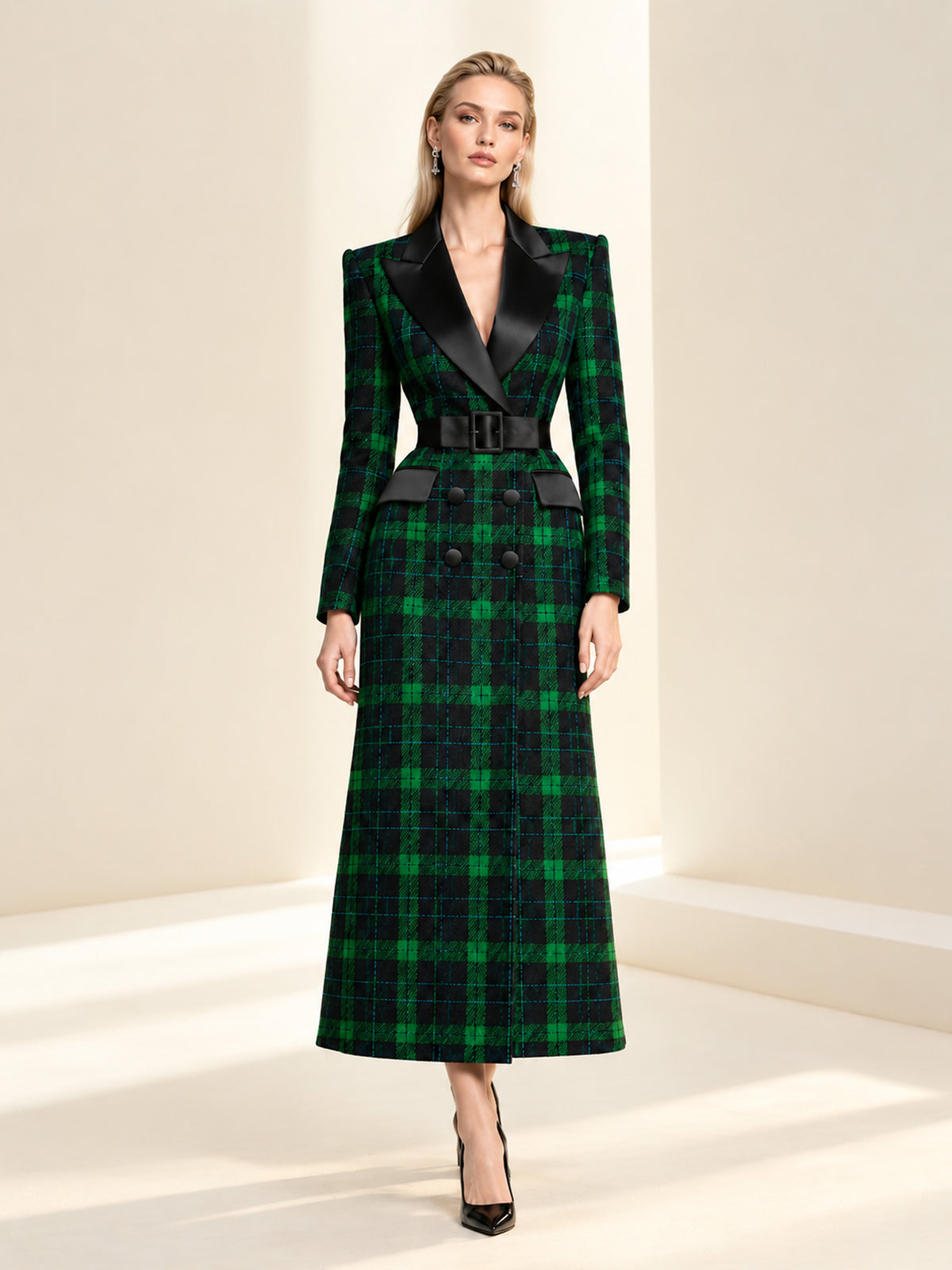 Blue Base Green Check Peak Lapel Double Breasted Long Blazer & Black Straight Leg Pants 2-Piece Suit