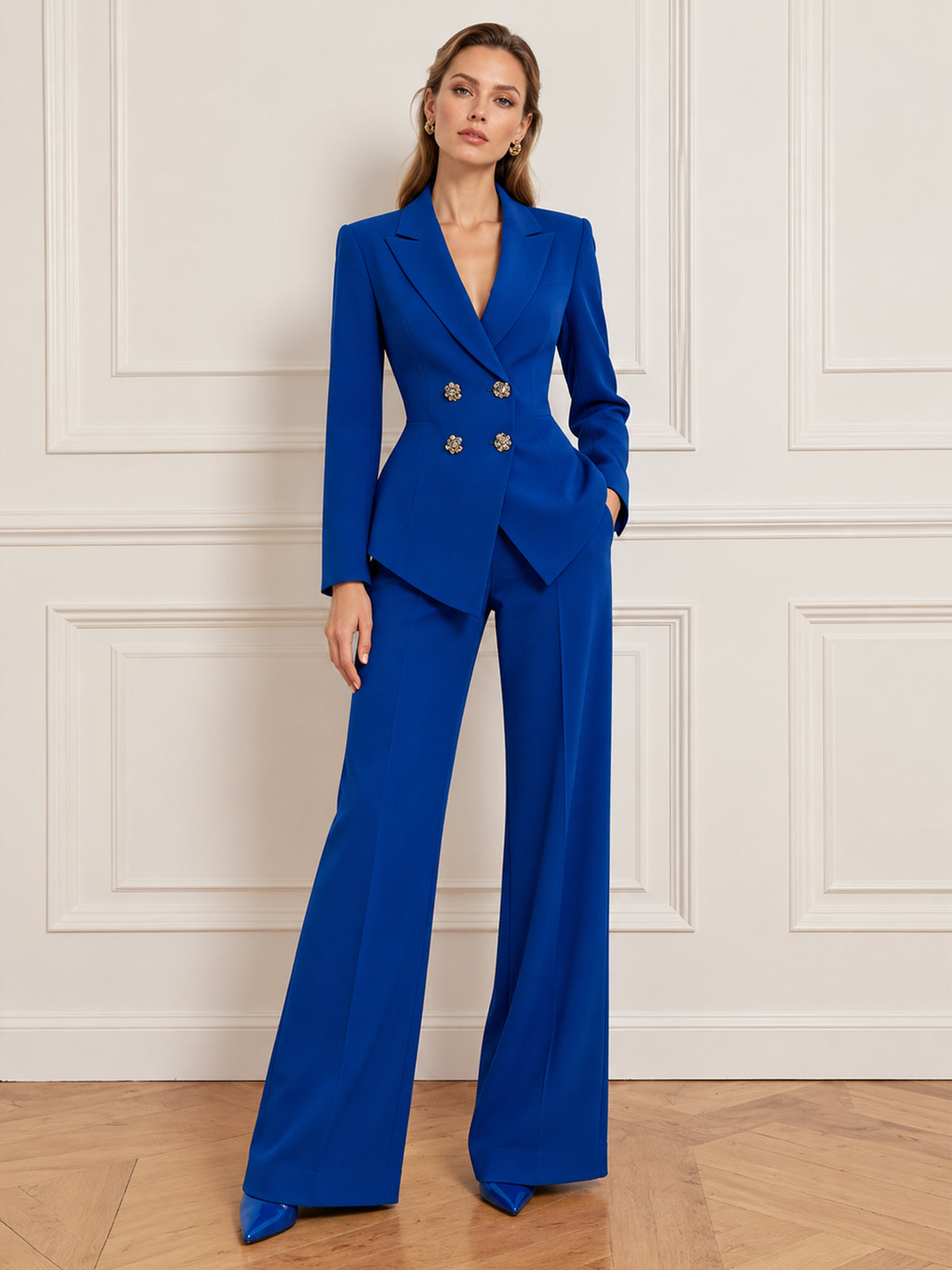 Royal Blue Double Breasted Blazer With Peak Lapels And Wide Leg Pants 2-Piece Suit