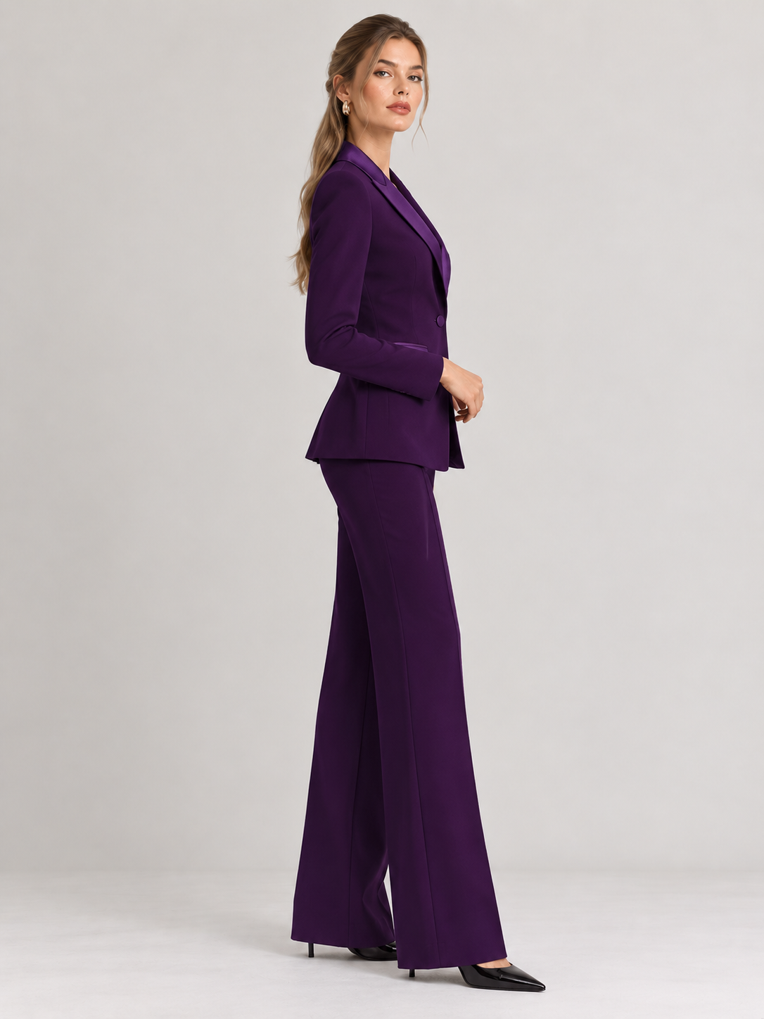 Purple Satin Blazer With Peak Lapels And Wide Leg Pants 2-Piece Suit