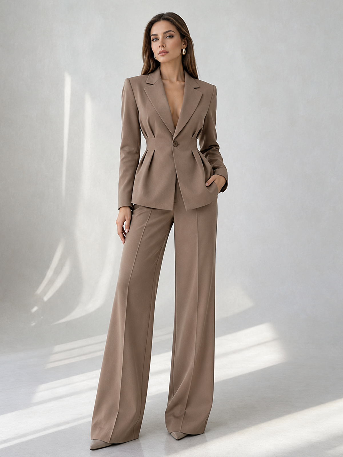 Taupe Notch Lapel Single Button Blazer & Wide Leg 2-Piece Suit