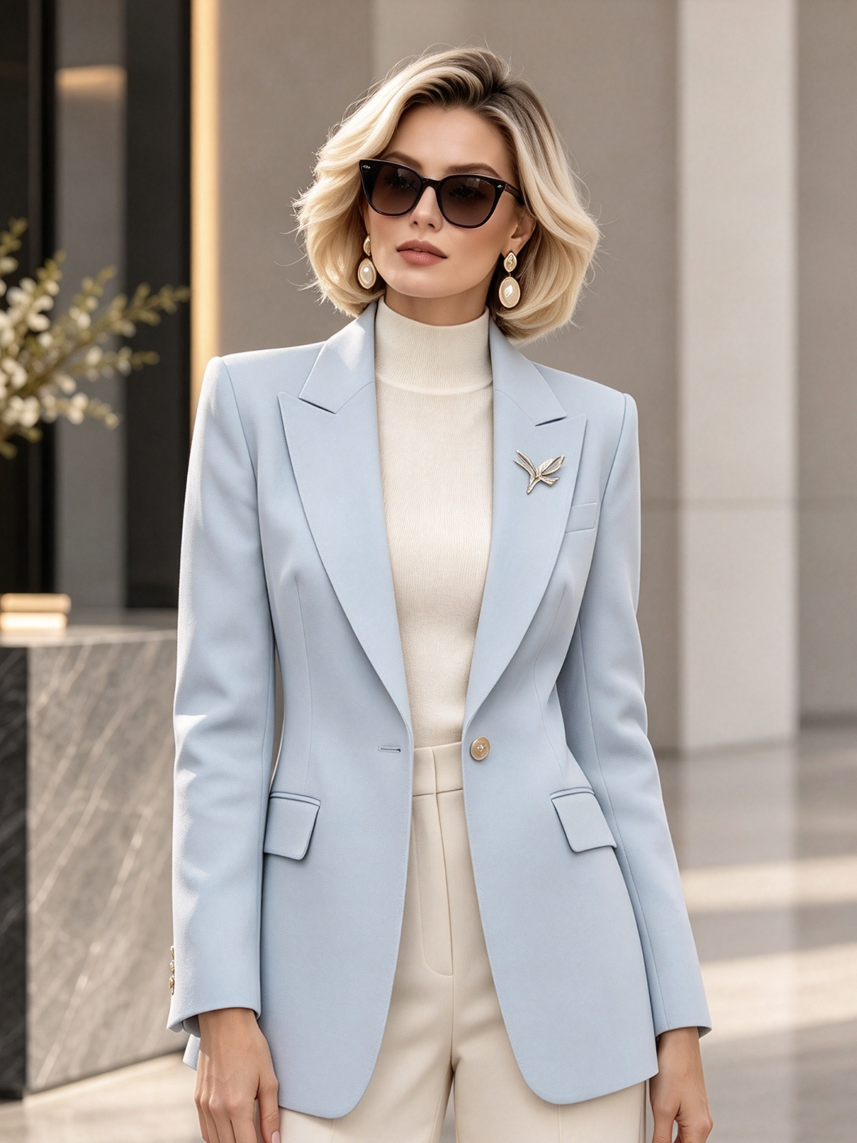 Light Blue Notch Lapel Single Button Blazer & Wide Leg 2-Piece Suit