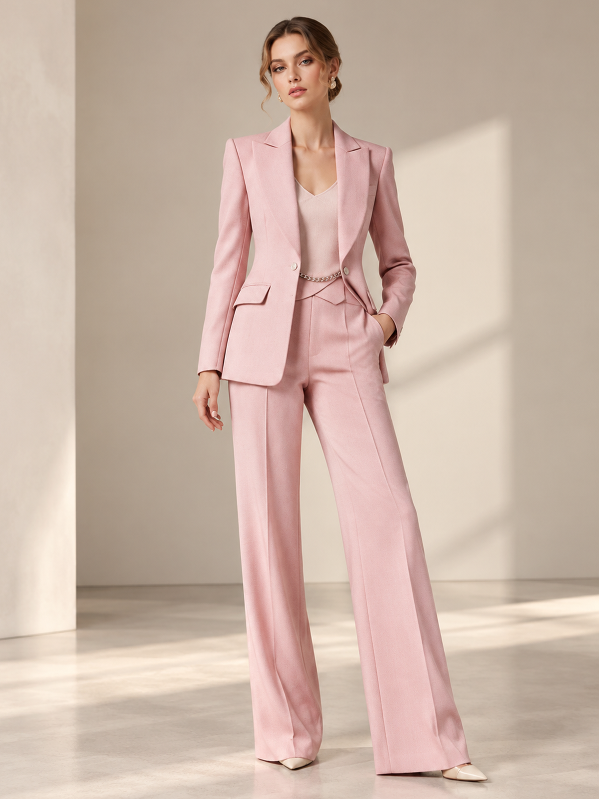 Pink Notch Lapel Two Button Blazer & Wide Leg 2-Piece Suit