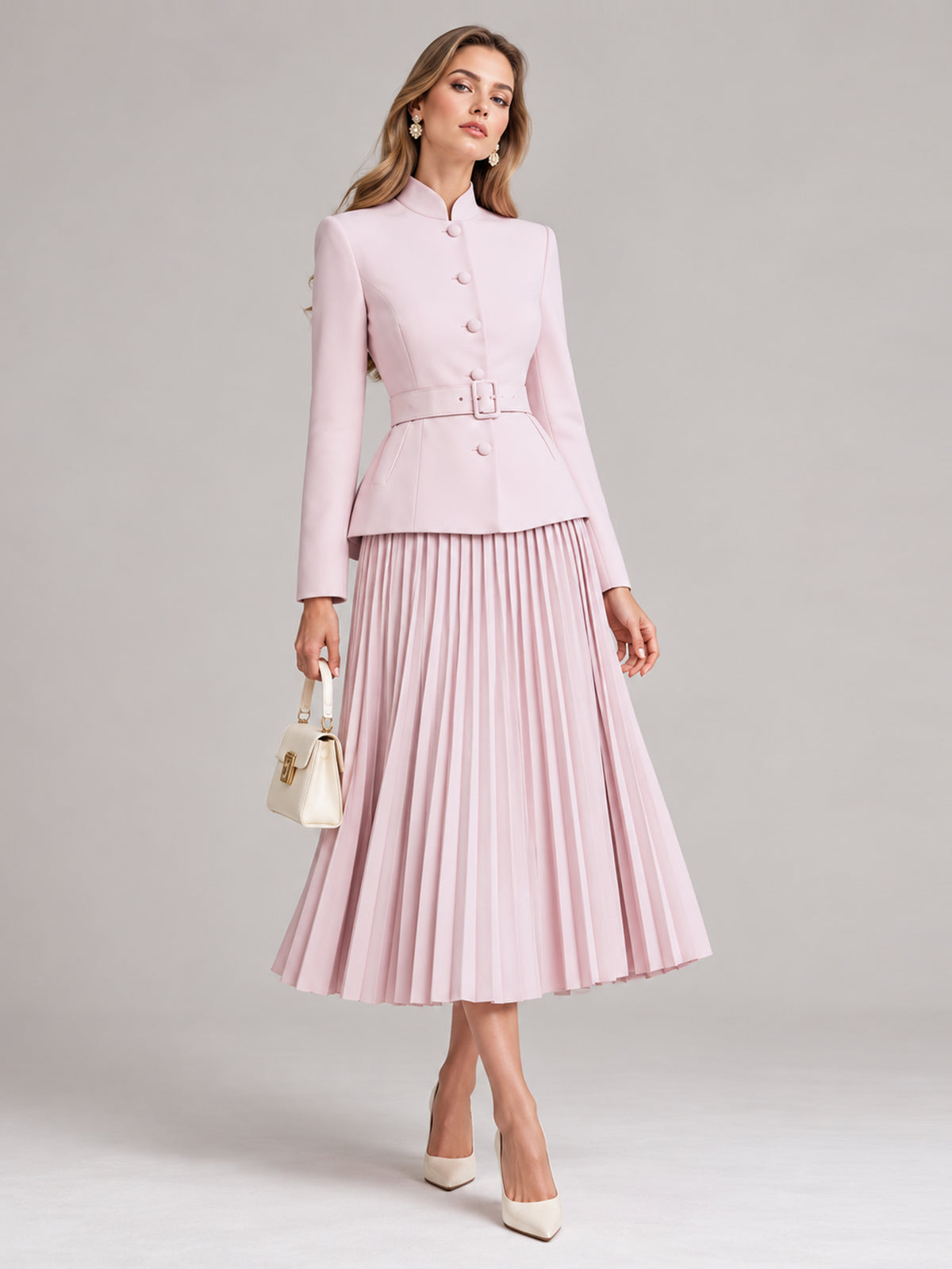 Light Pink Stand Collar Blazer And Midi Skirt 2-Piece Suit