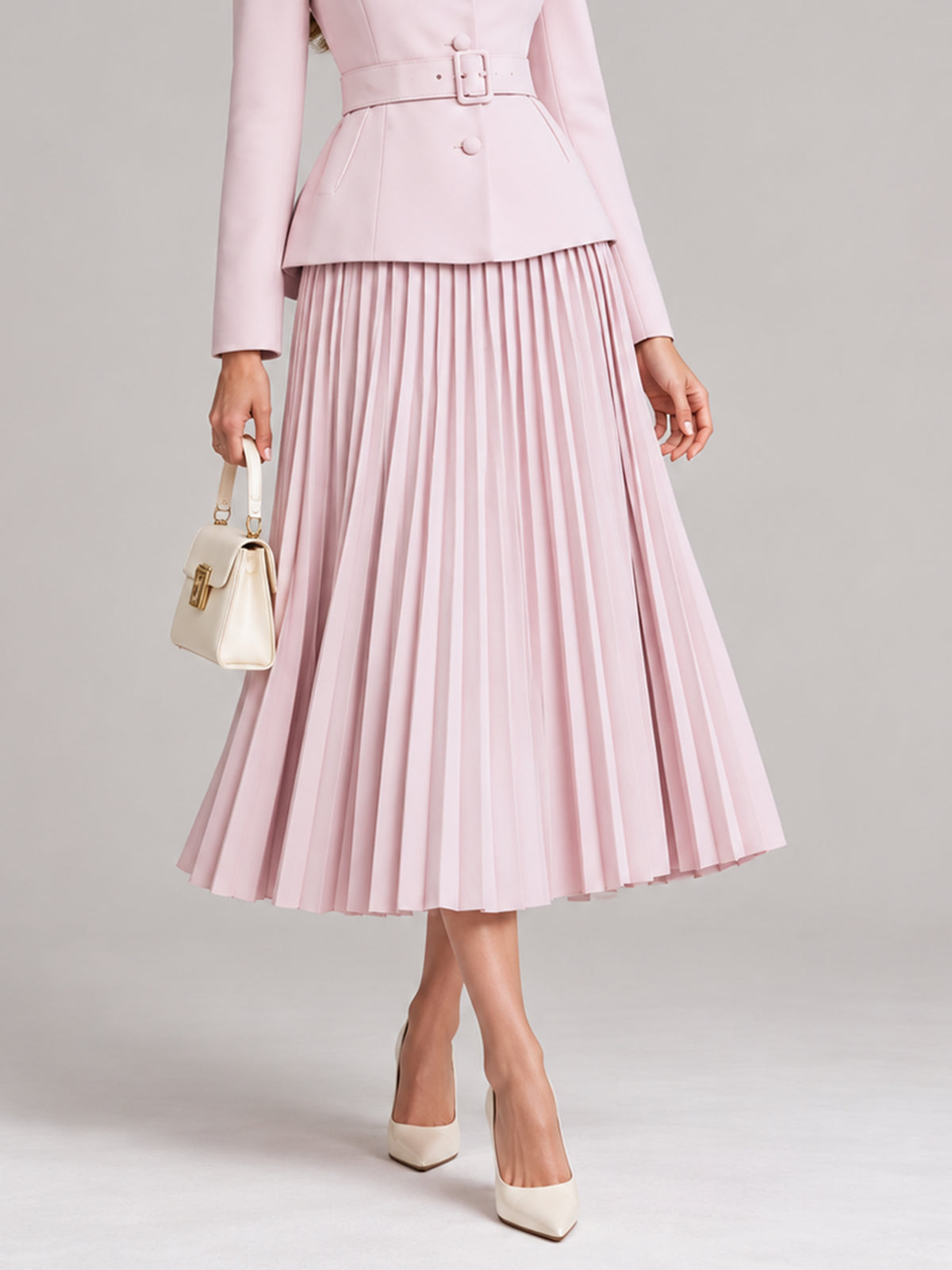 Light Pink Stand Collar Blazer And Midi Skirt 2-Piece Suit