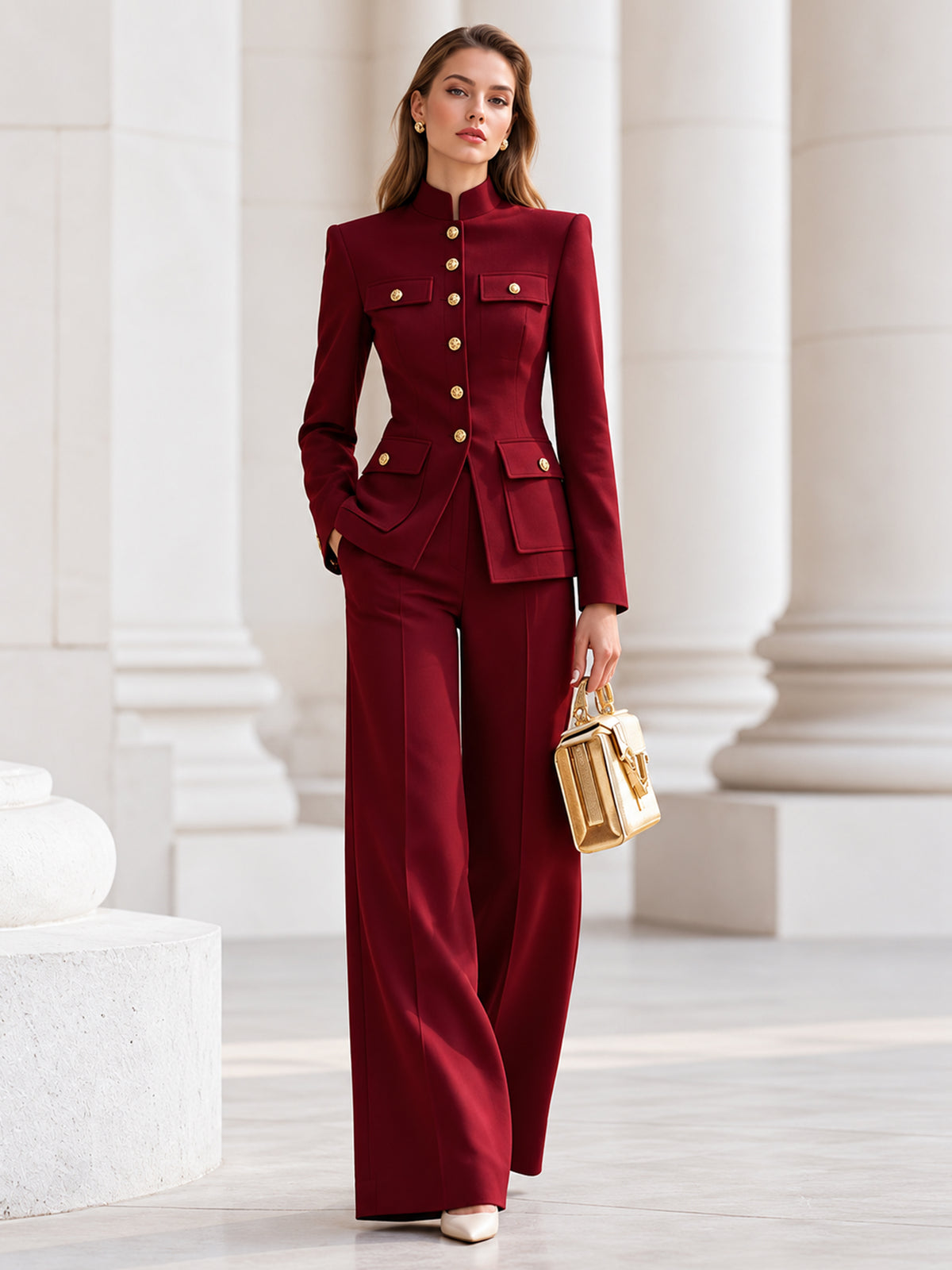 Red Single Breasted Blazer With A Stand Collar And Wide Leg Pants 2-Piece Suit