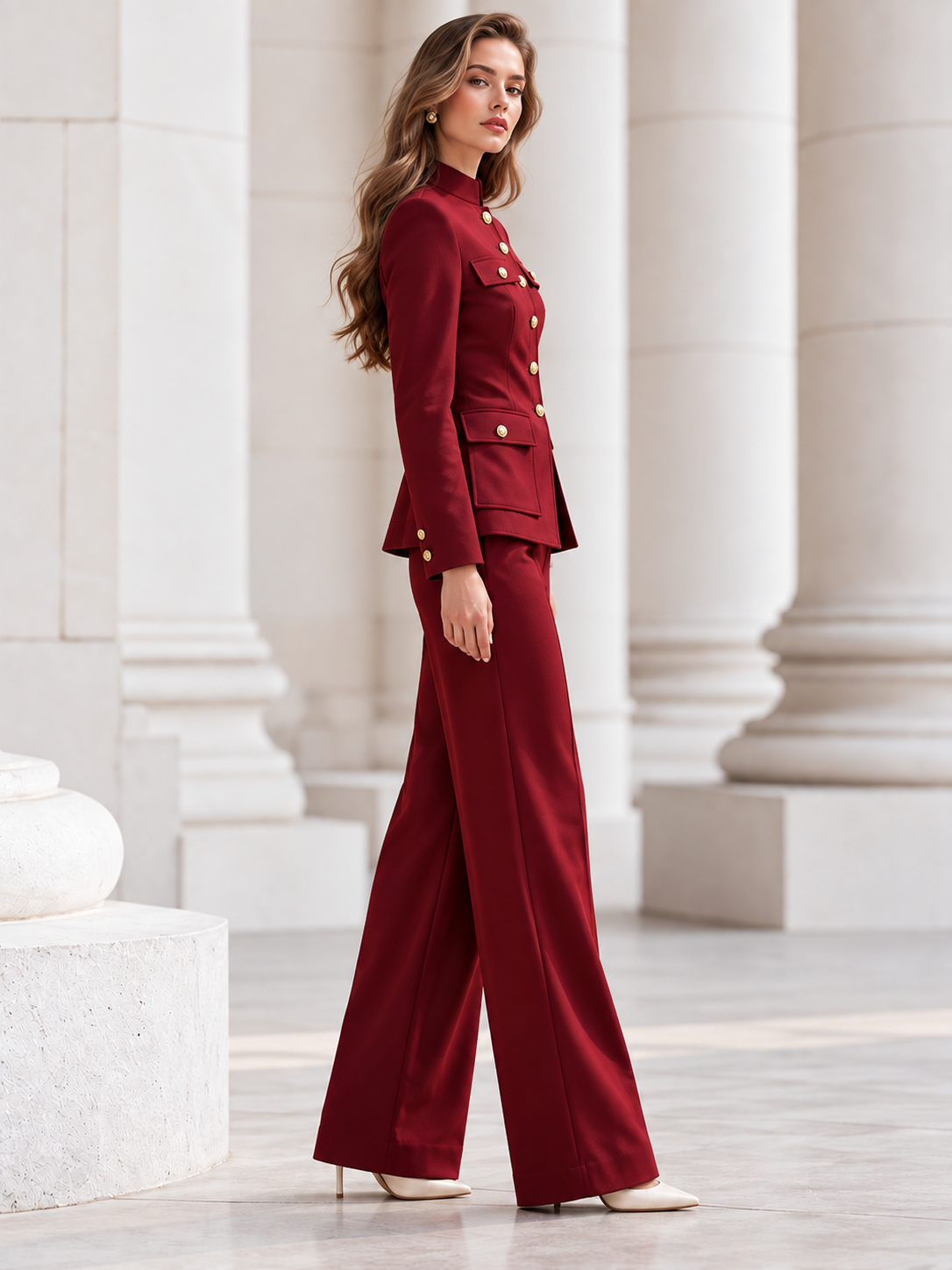 Red Single Breasted Blazer With A Stand Collar And Wide Leg Pants 2-Piece Suit