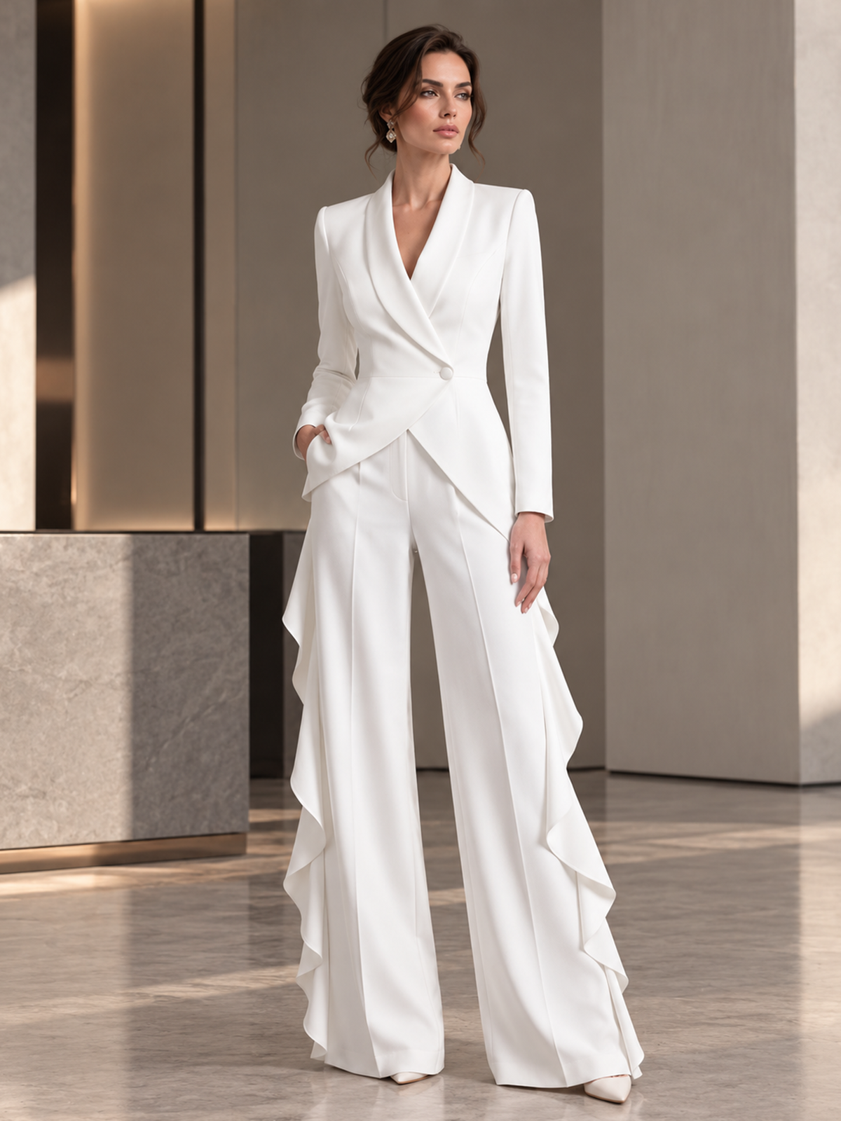 White Shawl Lapel Single Button Blazer & Ruffled Wide Leg 2-Piece Suit