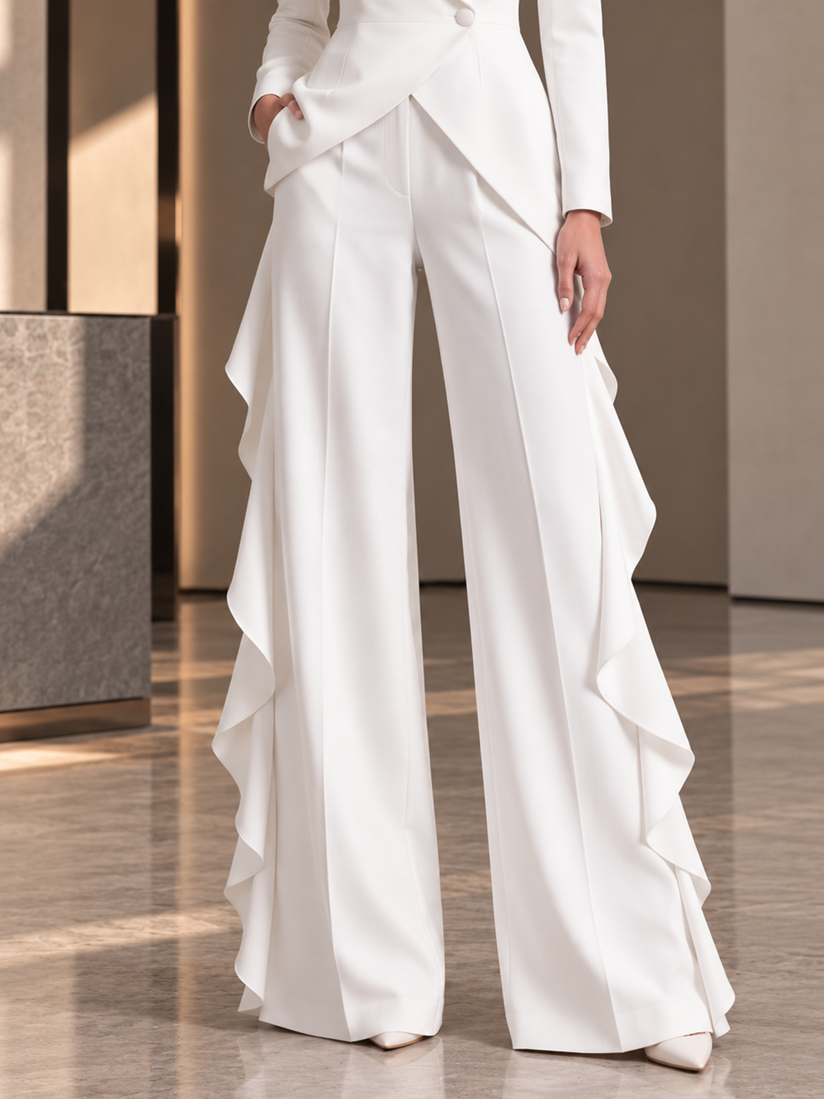 White Shawl Lapel Single Button Blazer & Ruffled Wide Leg 2-Piece Suit