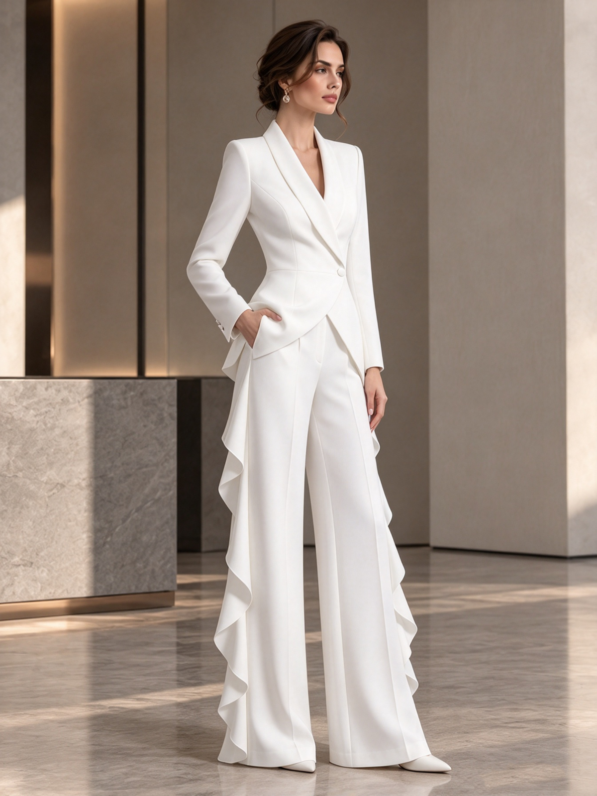 White Shawl Lapel Single Button Blazer & Ruffled Wide Leg 2-Piece Suit
