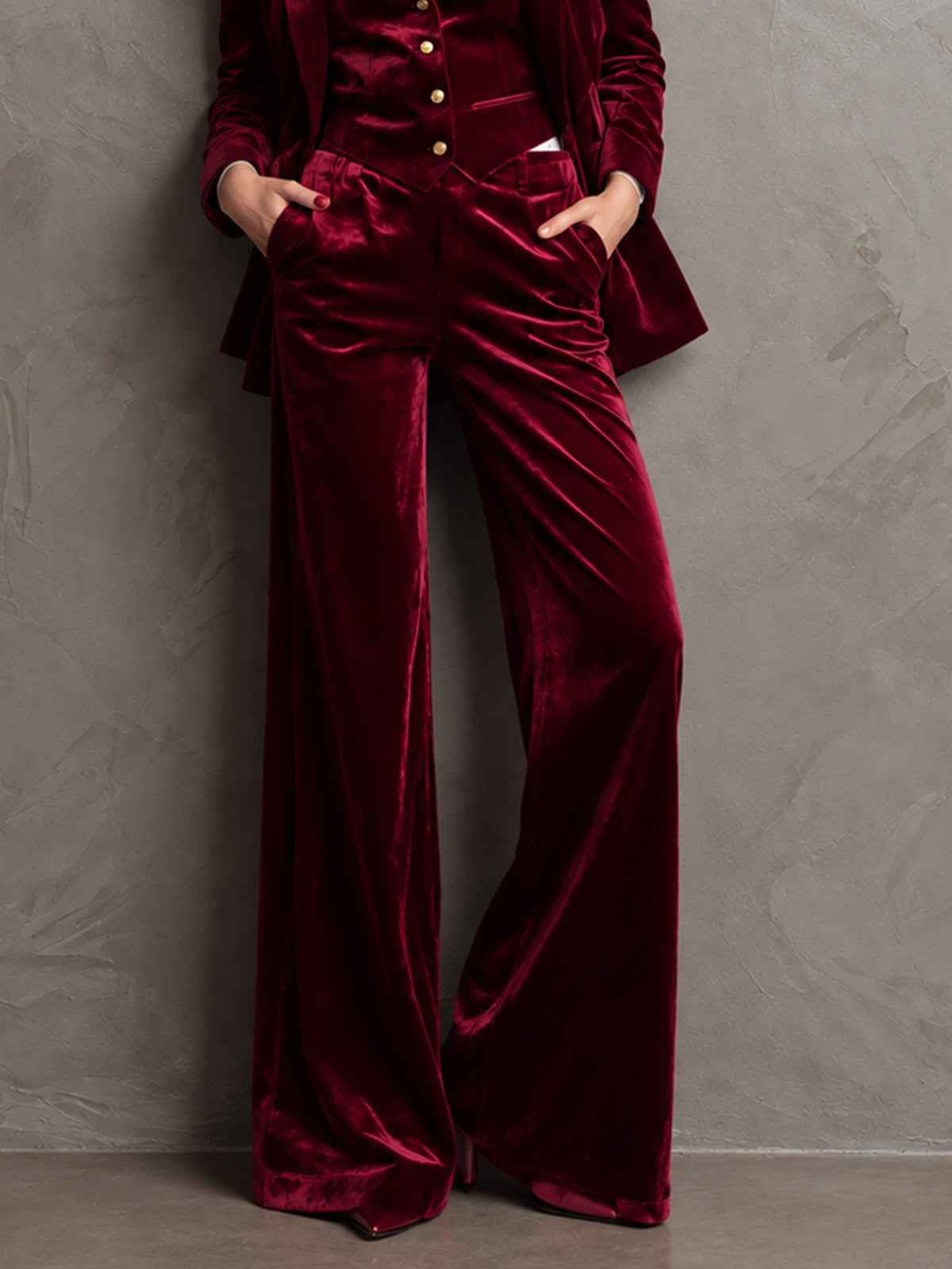 Burgundy Velvet Single Breasted Blazer & Vast And Wide Leg Pants 3-Piece Suit