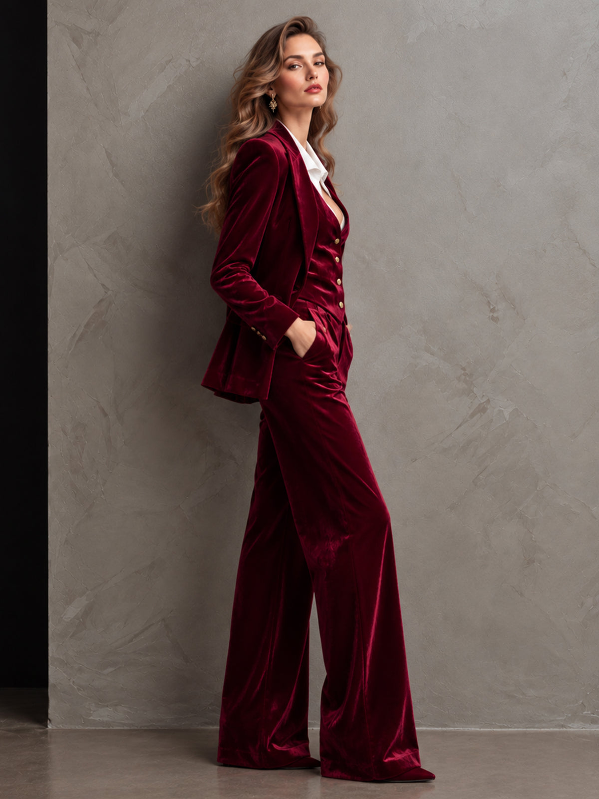 Burgundy Velvet Single Breasted Blazer & Vast And Wide Leg Pants 3-Piece Suit
