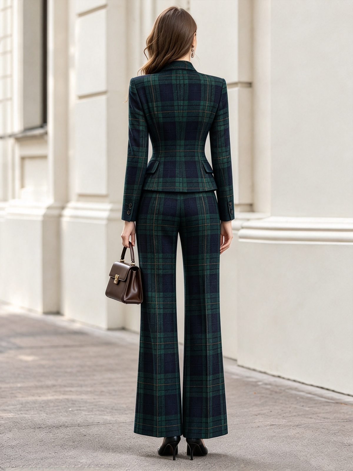 Green Plaid Tweed Stand Collar Double Breasted Blazer & Flared 2-Piece Suit