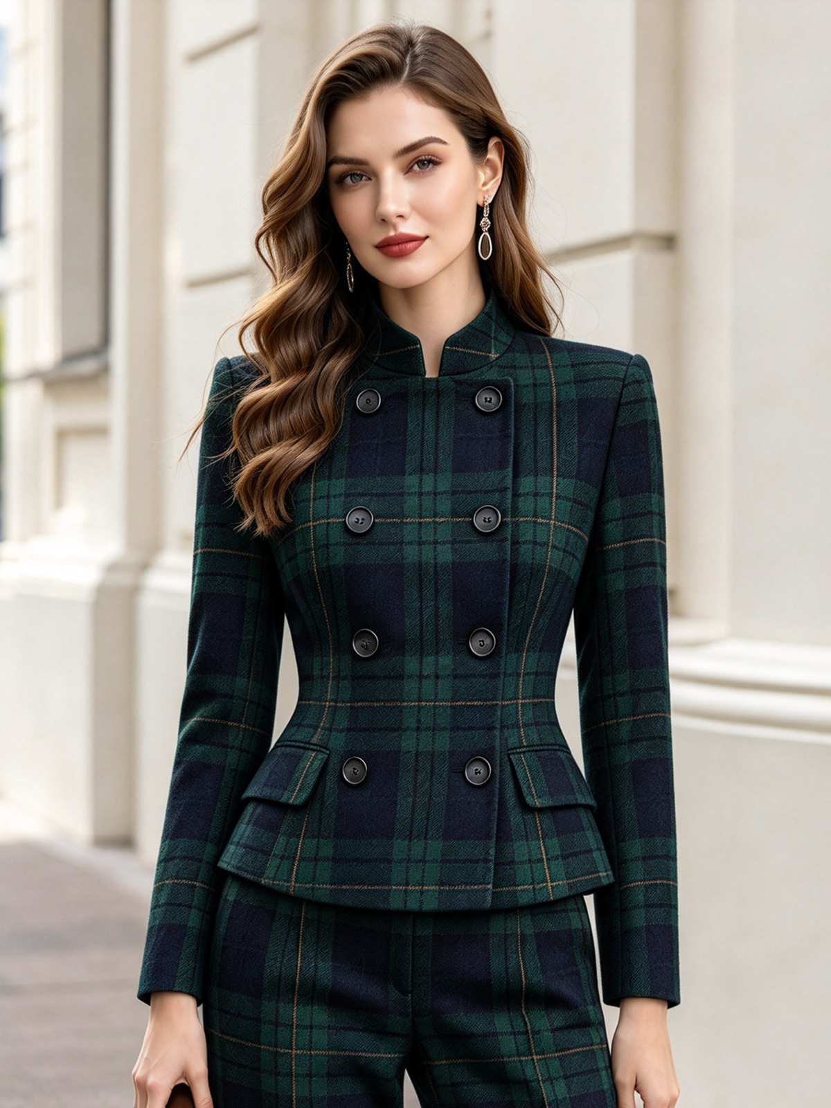 Green Plaid Tweed Stand Collar Double Breasted Blazer & Flared 2-Piece Suit