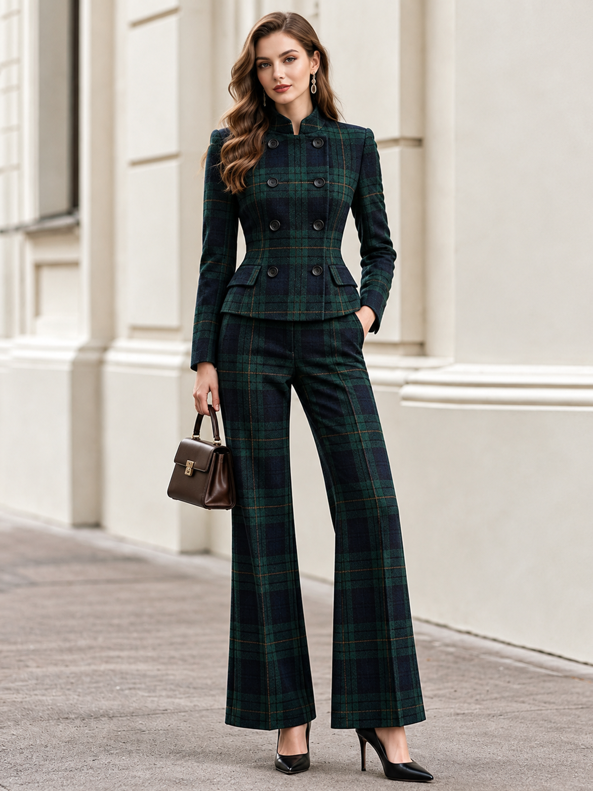 Green Plaid Tweed Stand Collar Double Breasted Blazer & Flared 2-Piece Suit