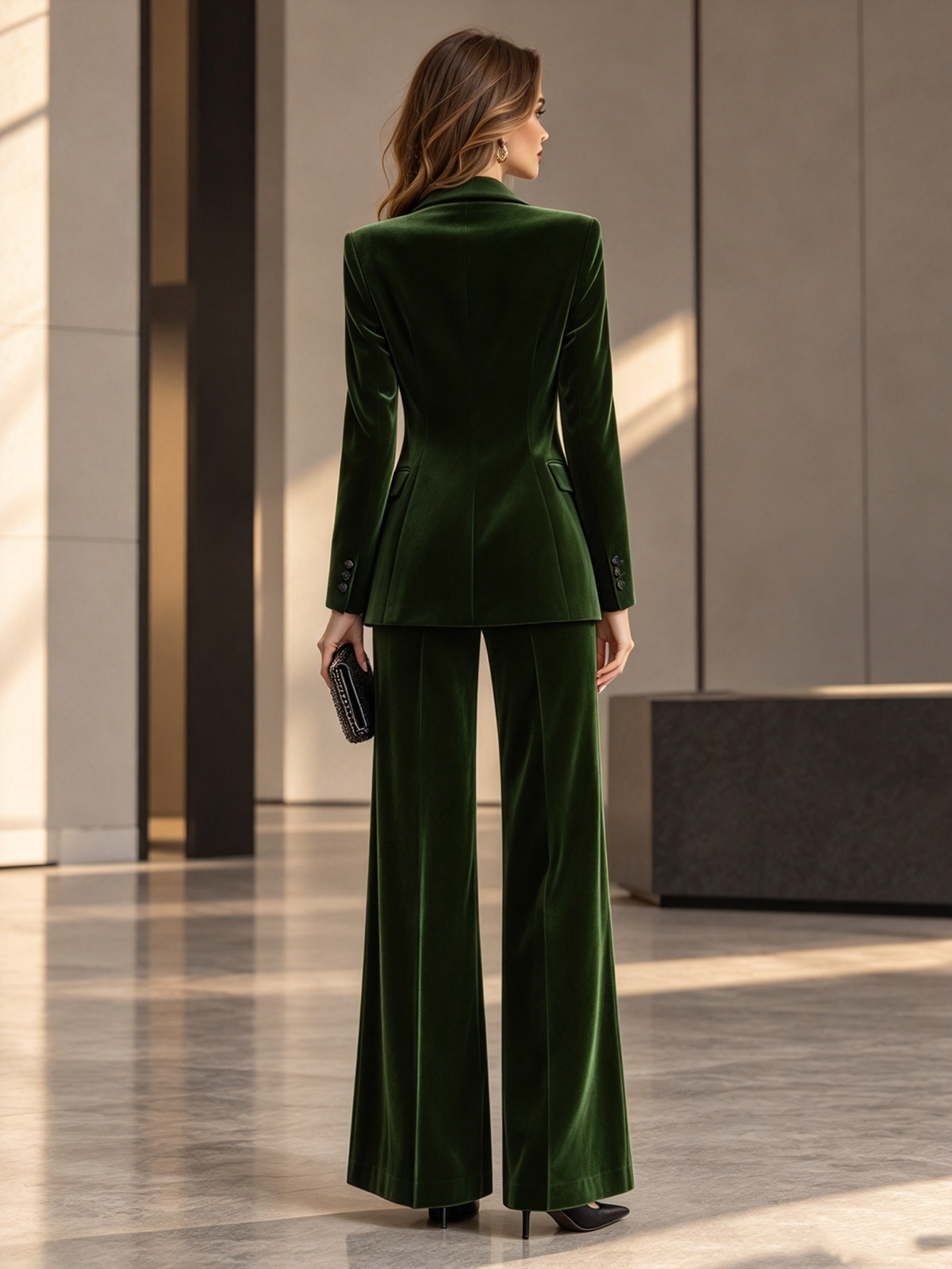 Green Shawl Lapel Single Button Blazer & Wide Leg 2-Piece Suit
